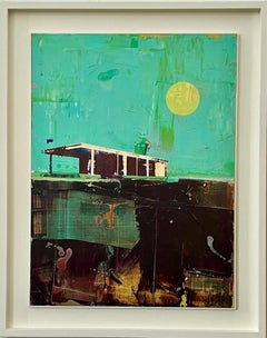 Cabin with Turquoise Sky - Textured painting of Frank Lloyd Wright style house