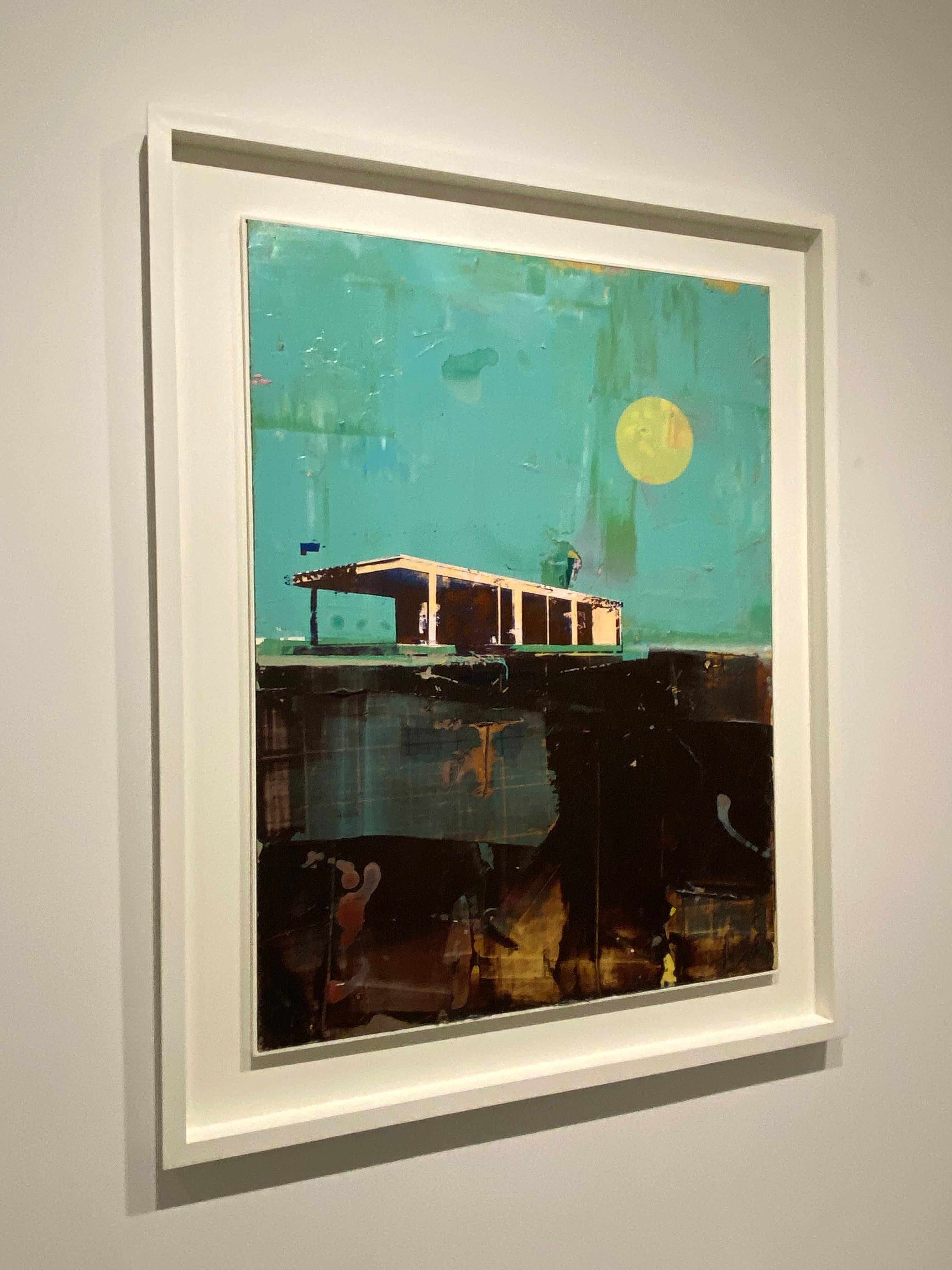 Cabine con cielo turchese - Quadro strutturato di una casa in stile Frank Lloyd Wright - Painting Contemporaneo di Dan Parry-Jones