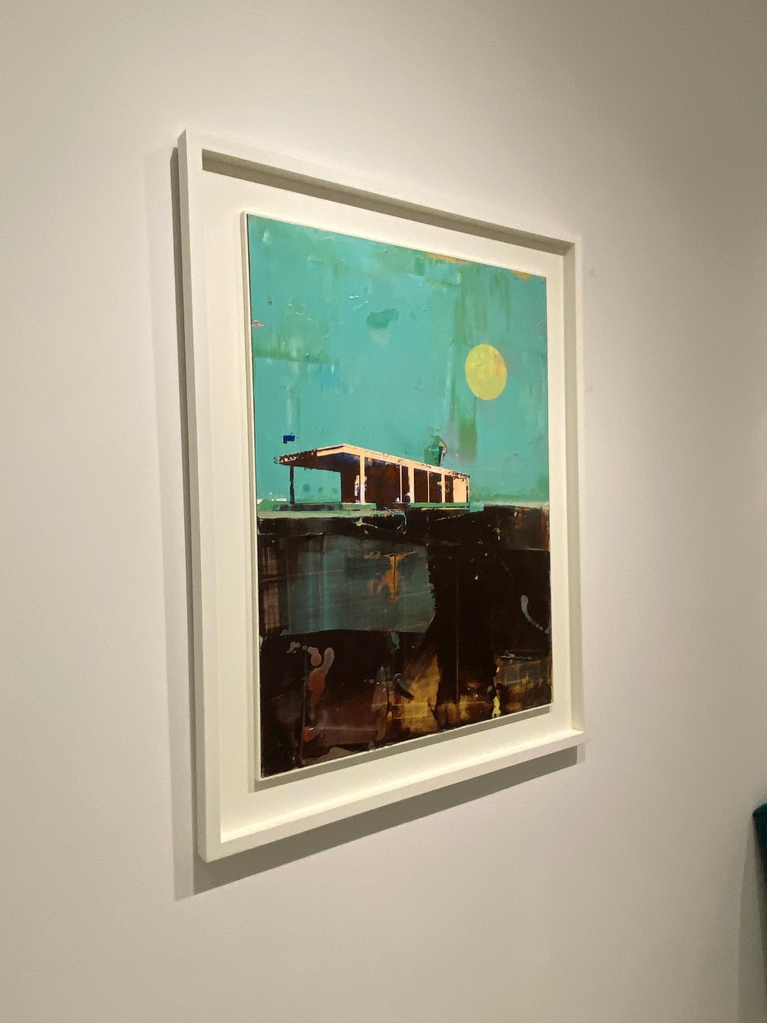 Cabine con cielo turchese - Quadro strutturato di una casa in stile Frank Lloyd Wright - Landscape Painting Blu di Dan Parry-Jones
