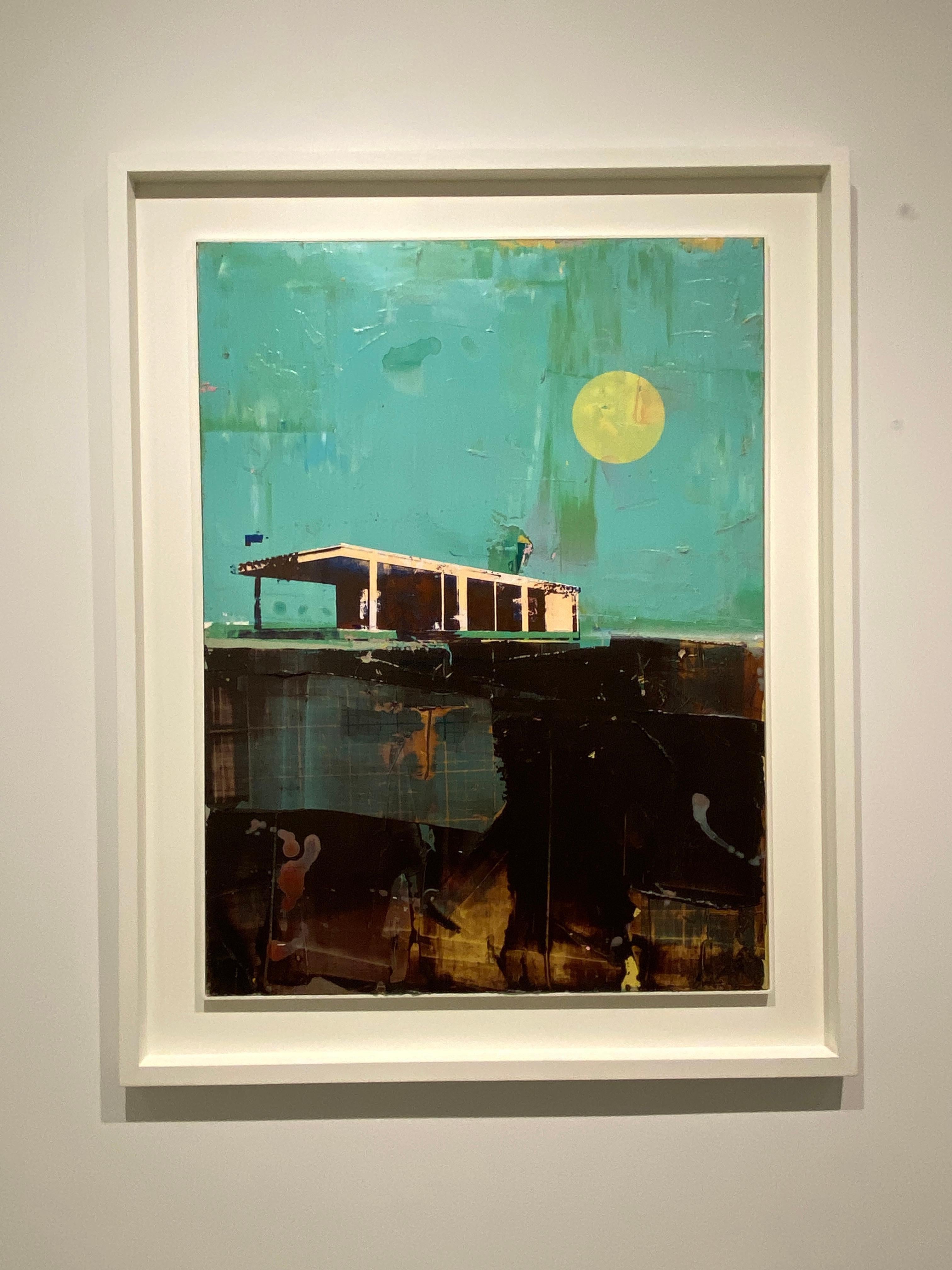 Dan Parry-Jones - Cabine con cielo turchese
Tecnica mista su pannello  38,5 x 30,5 x 1,5 pollici
Telaio Whiting incluso

In Cabine with Turquoise Sky, l'artista contemporaneo britannico Dan Parry-Jones cattura un senso di quiete e nostalgia