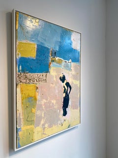 Cornwall Beach - Abstract, textured painting of boy swimming, blues and yellow