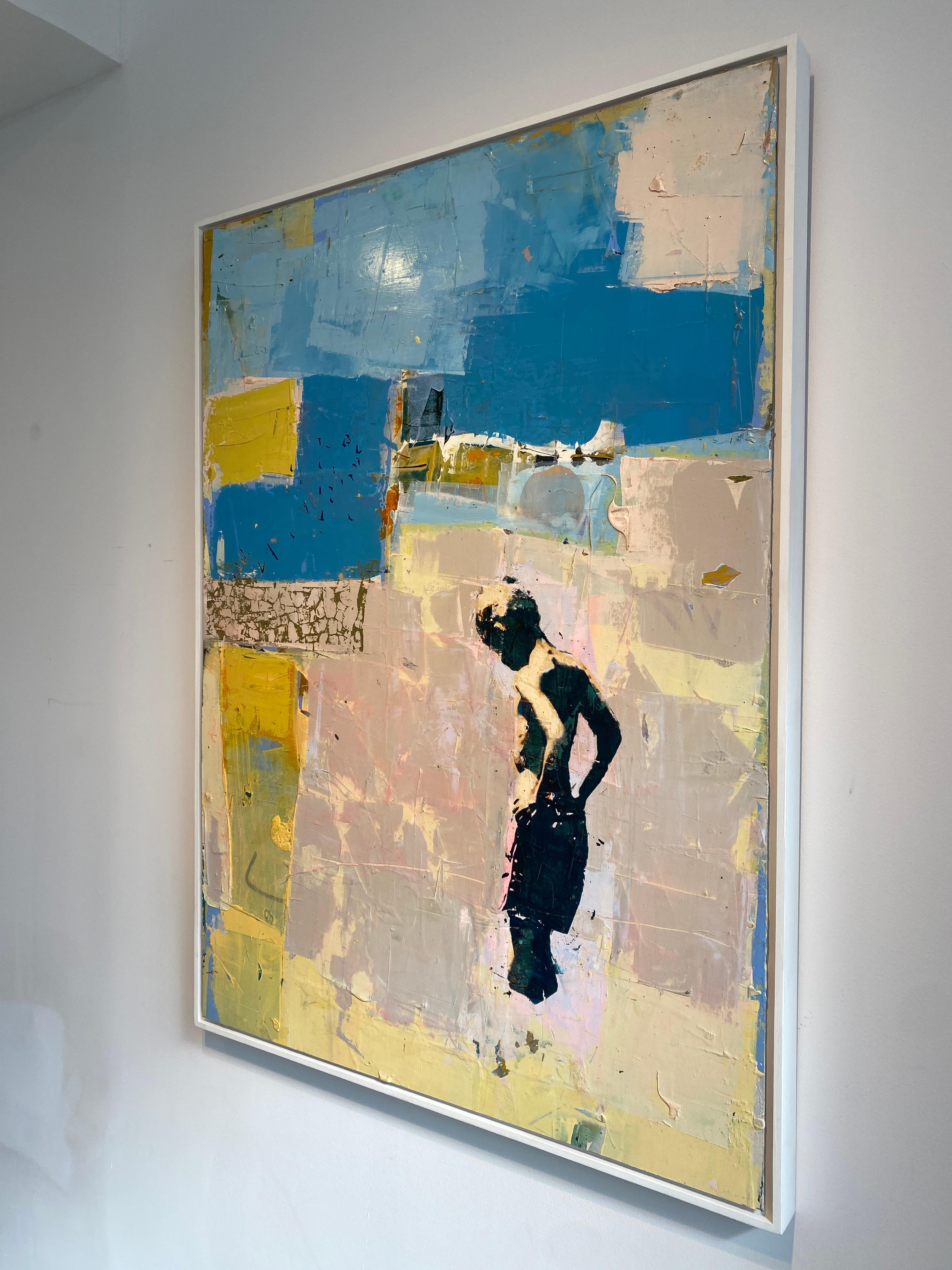 Cornwall Beach - Quadro astratto con texture di un ragazzo che nuota, blu e giallo - Figurative Painting Beige di Dan Parry-Jones