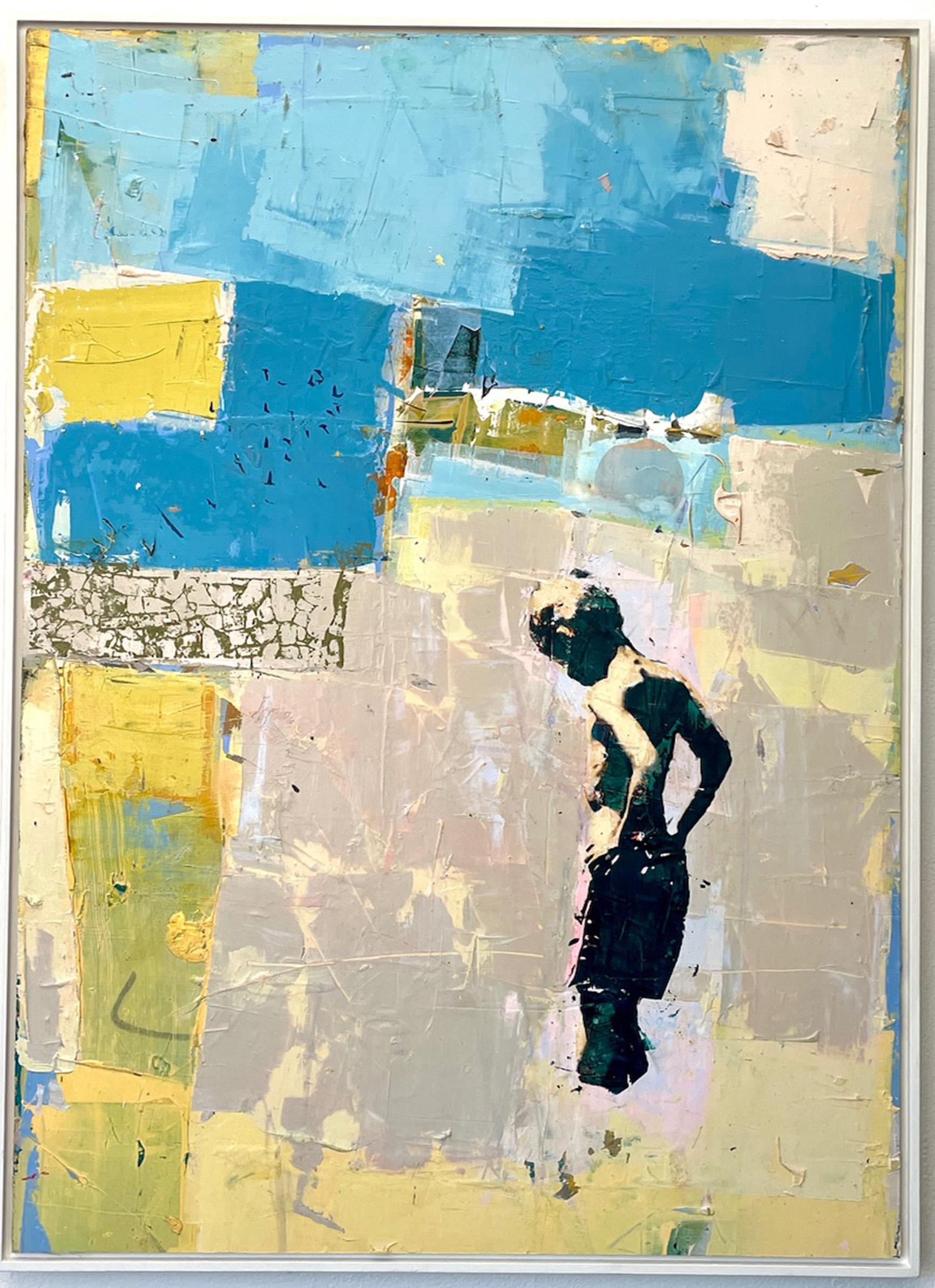 Figurative Painting di Dan Parry-Jones - Cornwall Beach - Quadro astratto con texture di un ragazzo che nuota, blu e giallo