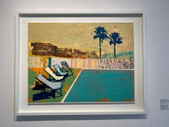 Deck Chairs with Palms - Bright textured painting, West Coast and swimming pool