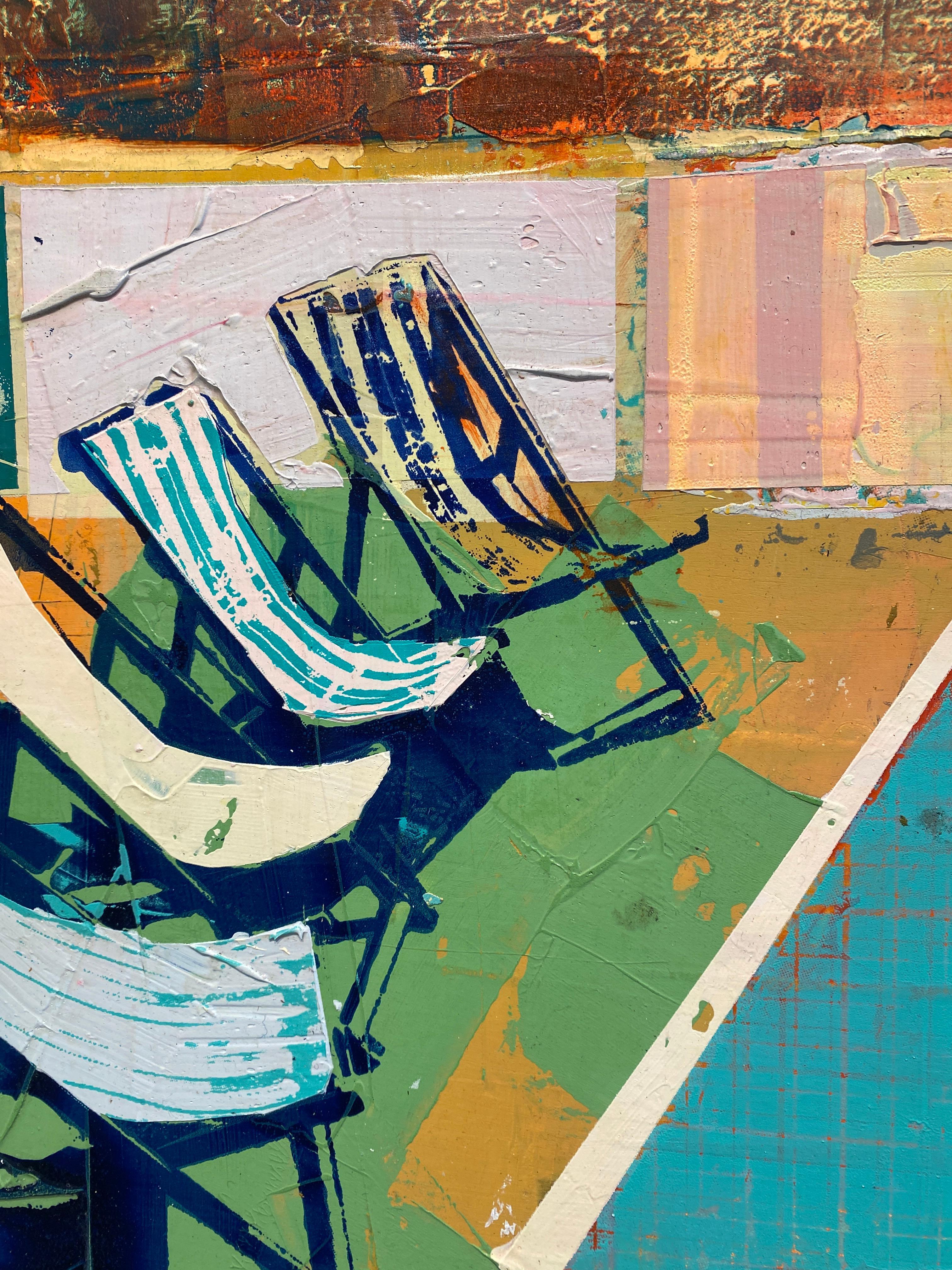 Chaises longues avec palmiers - Peinture texturée lumineuse, côte ouest et piscine - Contemporain Painting par Dan Parry-Jones