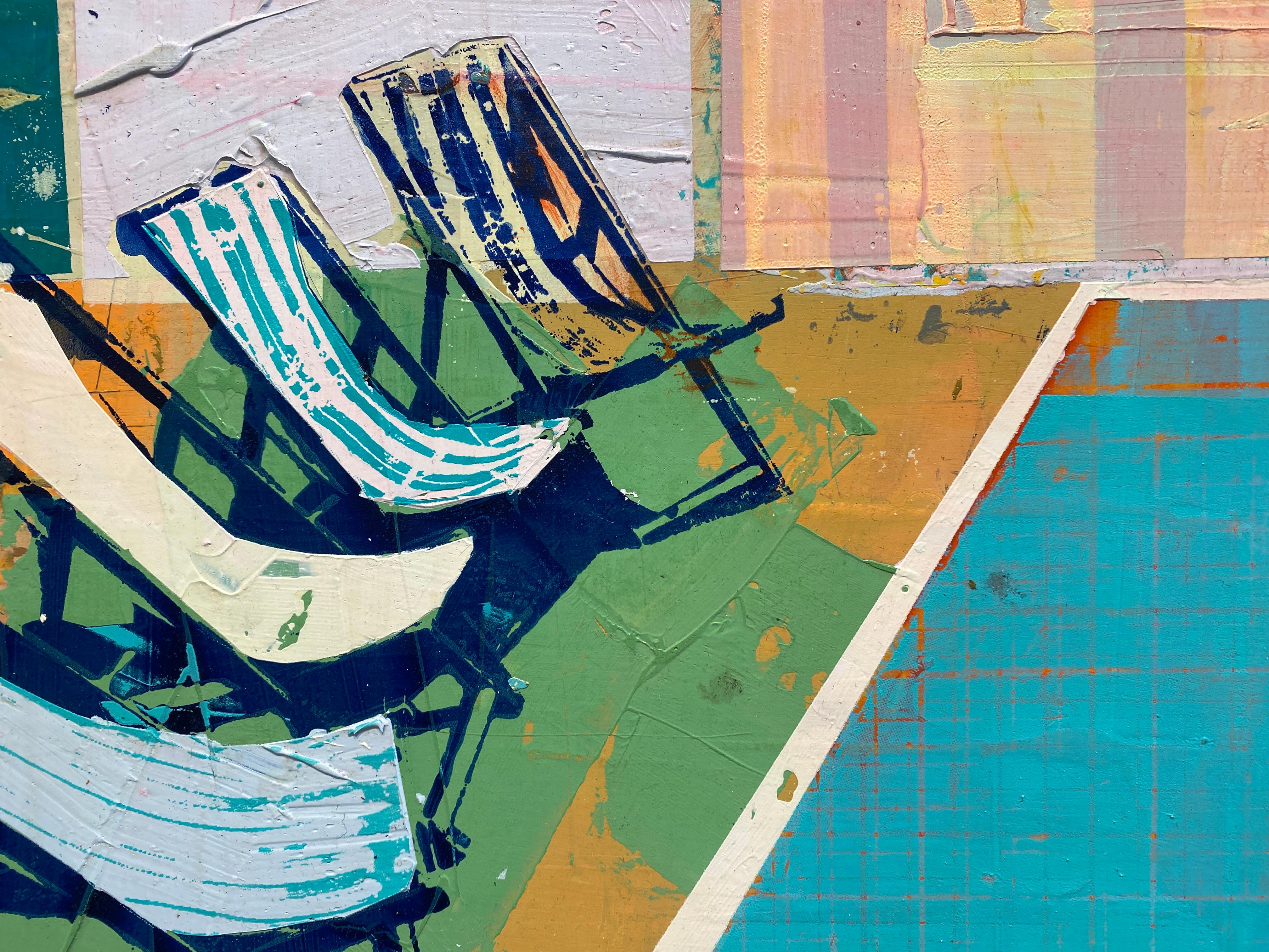 Chaises longues avec palmiers - Peinture texturée lumineuse, côte ouest et piscine - Marron Landscape Painting par Dan Parry-Jones