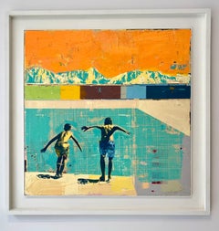 Divers with Blue Mountain - Bright textured painting, swimming pool & orange sky