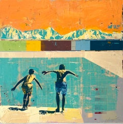 Divers with Blue Mountain - Bright textured painting, swimming pool & orange sky