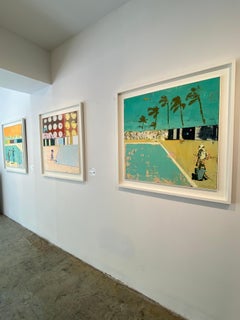 Girls, Pool and Palm Trees - Bright, textured painting with Palm Springs feeling