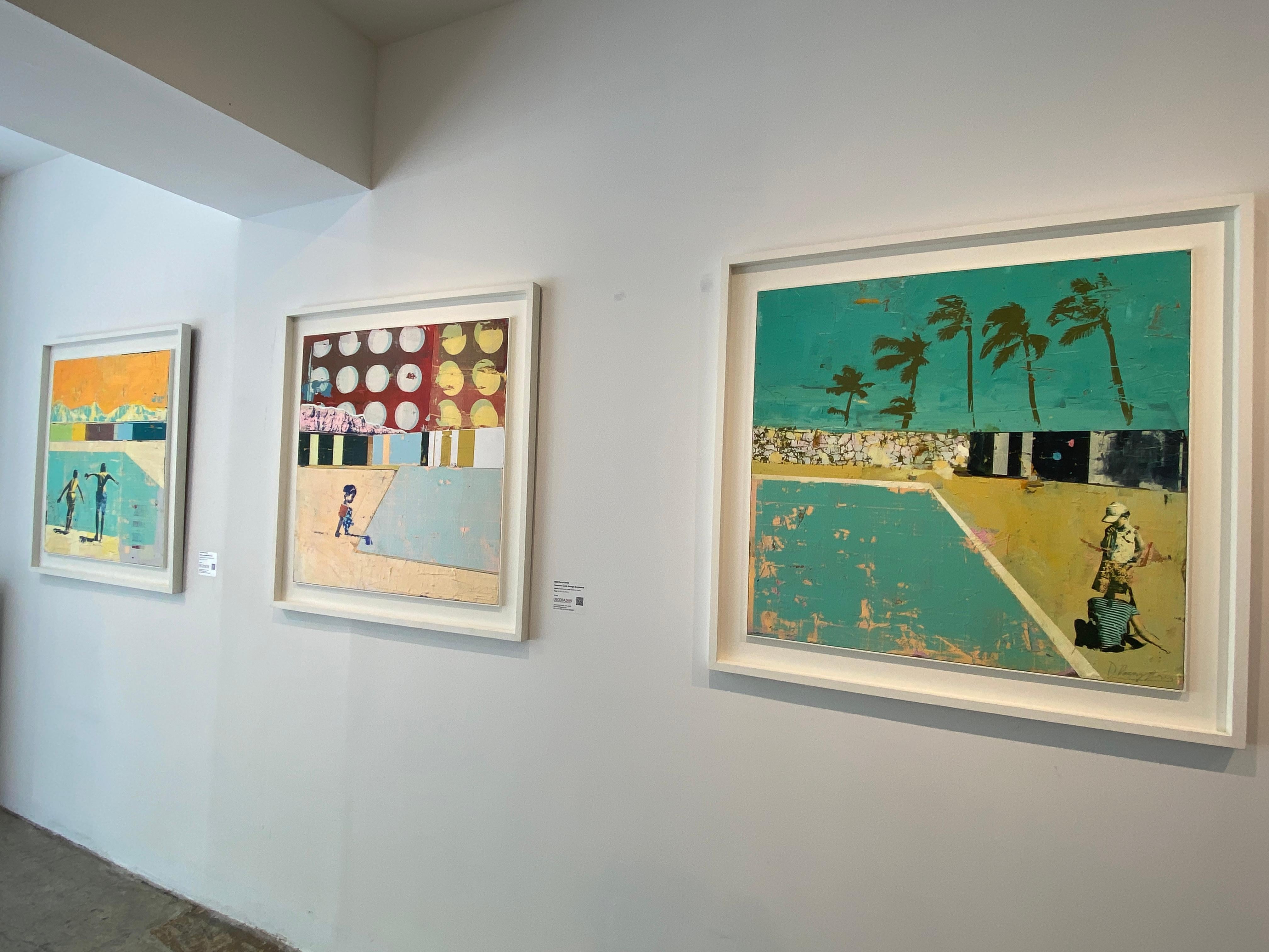 Girls, Pool and Palm Trees - Bright, textured painting with Palm Springs feeling - Contemporary Painting by Dan Parry-Jones