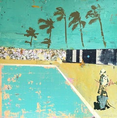 Girls, Pool and Palm Trees - Bright, textured painting with Palm Springs feeling