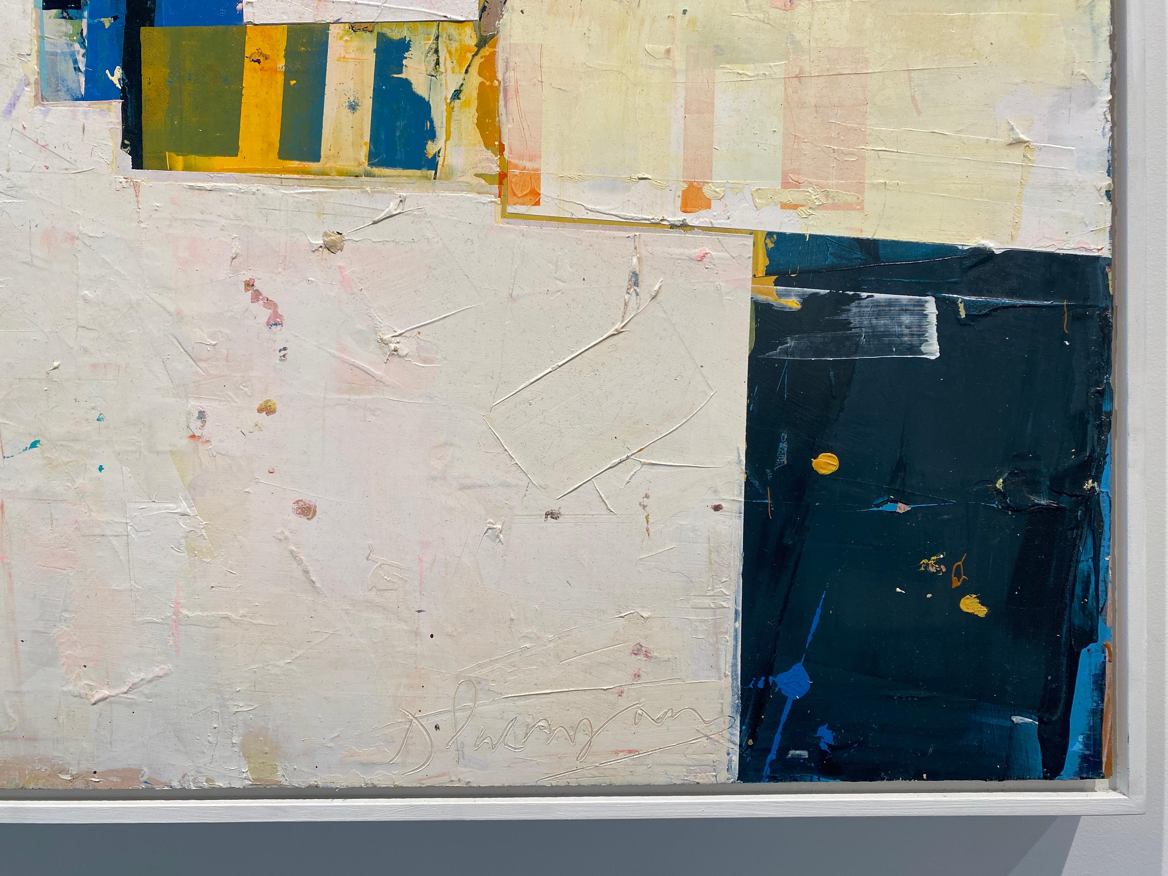 Harbour with Headland - Bright, textured graphic painting with boy swimmer - Beige Figurative Painting by Dan Parry-Jones