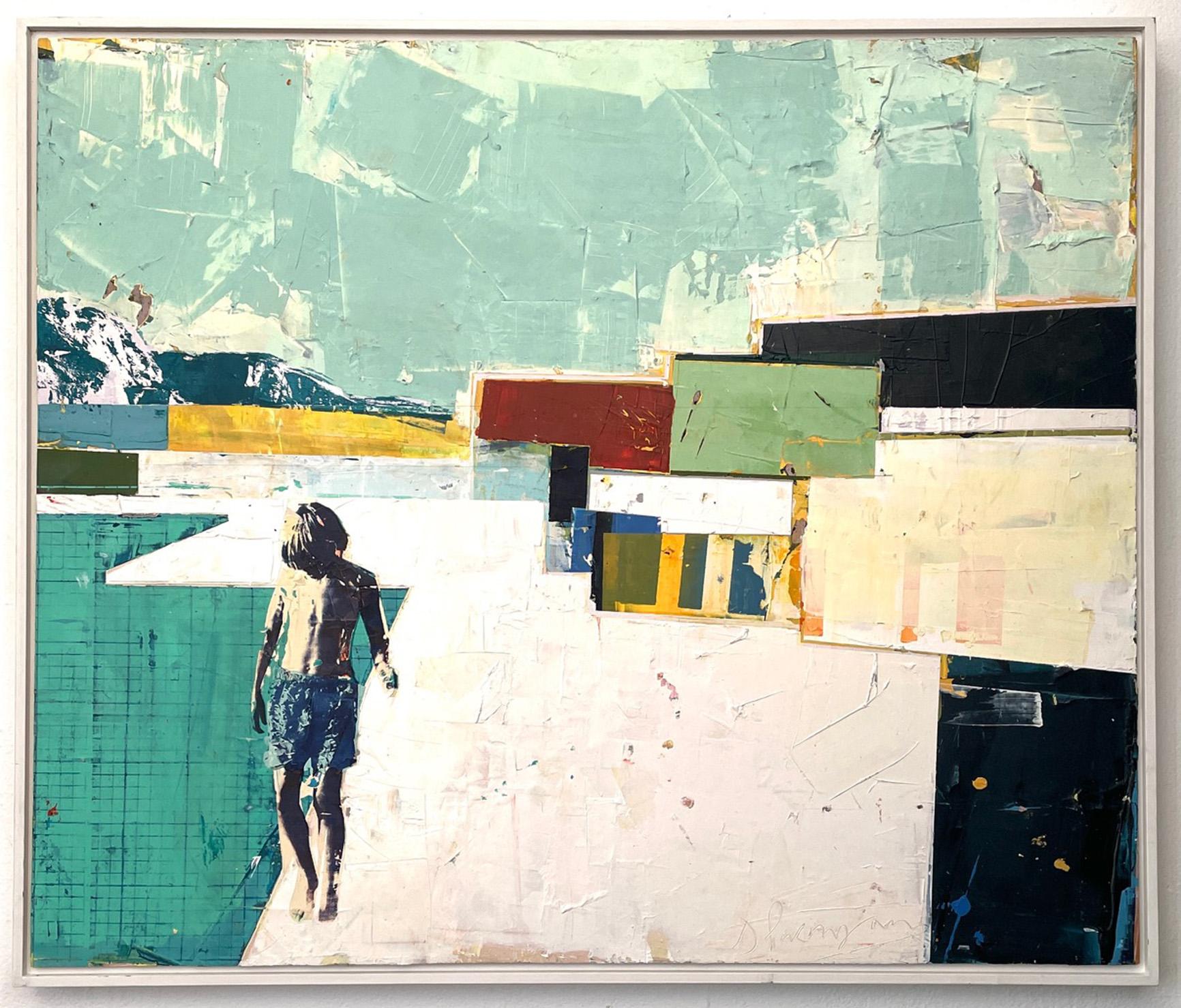 Dan Parry-Jones Figurative Painting - Harbour with Headland - Bright, textured graphic painting with boy swimmer