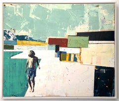 Harbour with Headland - Bright, textured graphic painting with boy swimmer