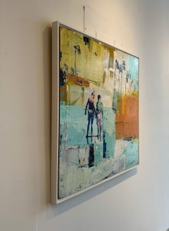 Low Tide with Palms - Acrylic and mixed media on board, white float frame