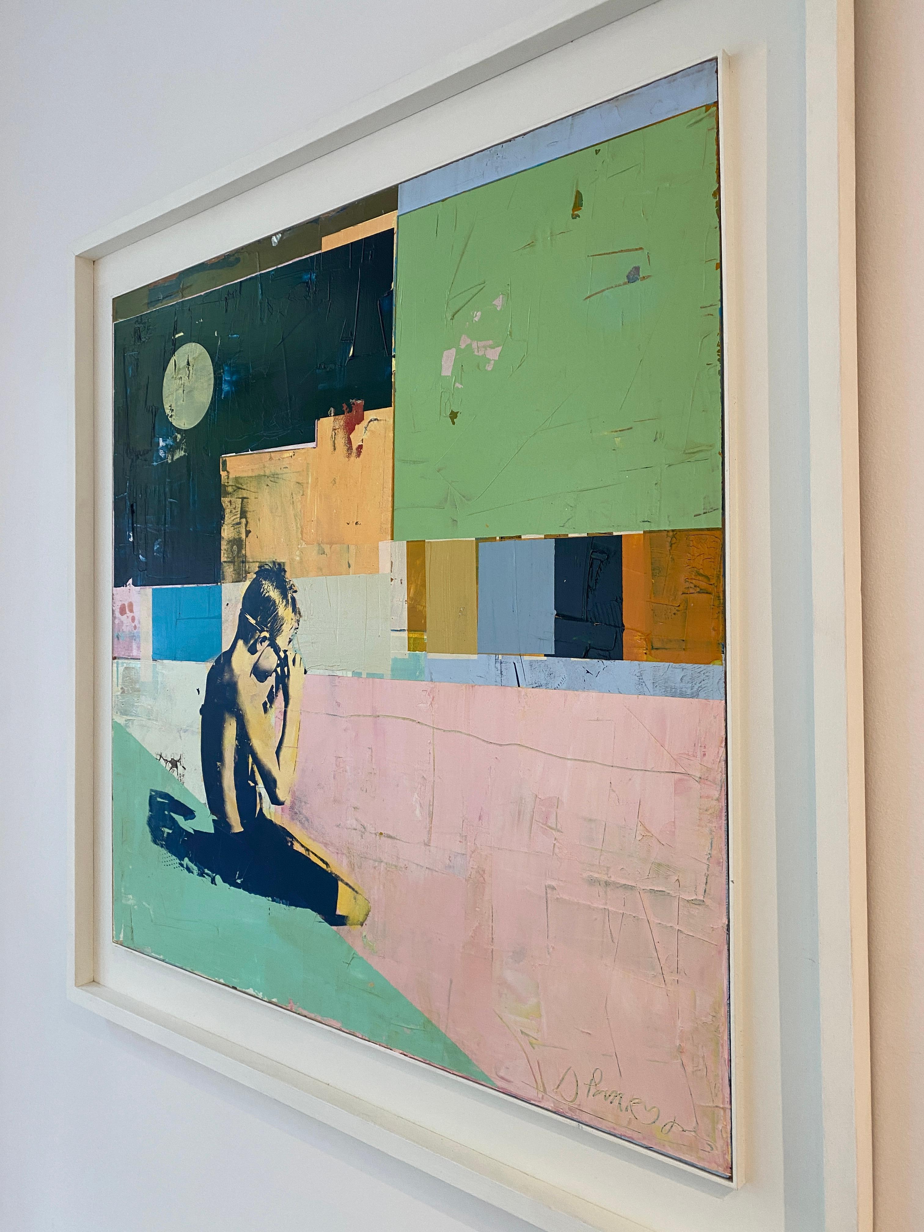 Night Swimmer with Goggles - Bright, textured painting with boy swimmer For Sale 9