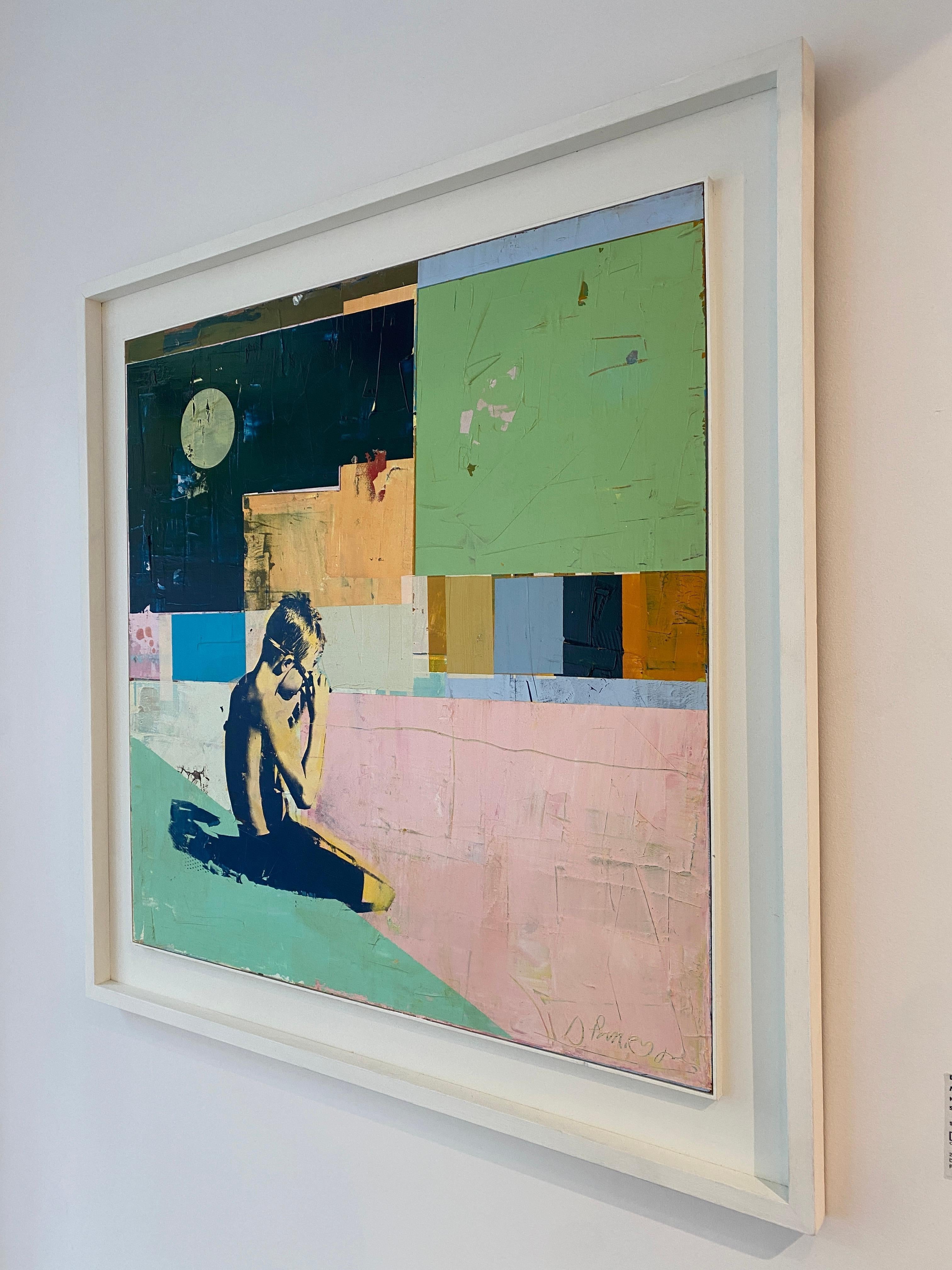 Night Swimmer with Goggles - Bright, textured painting with boy swimmer For Sale 10