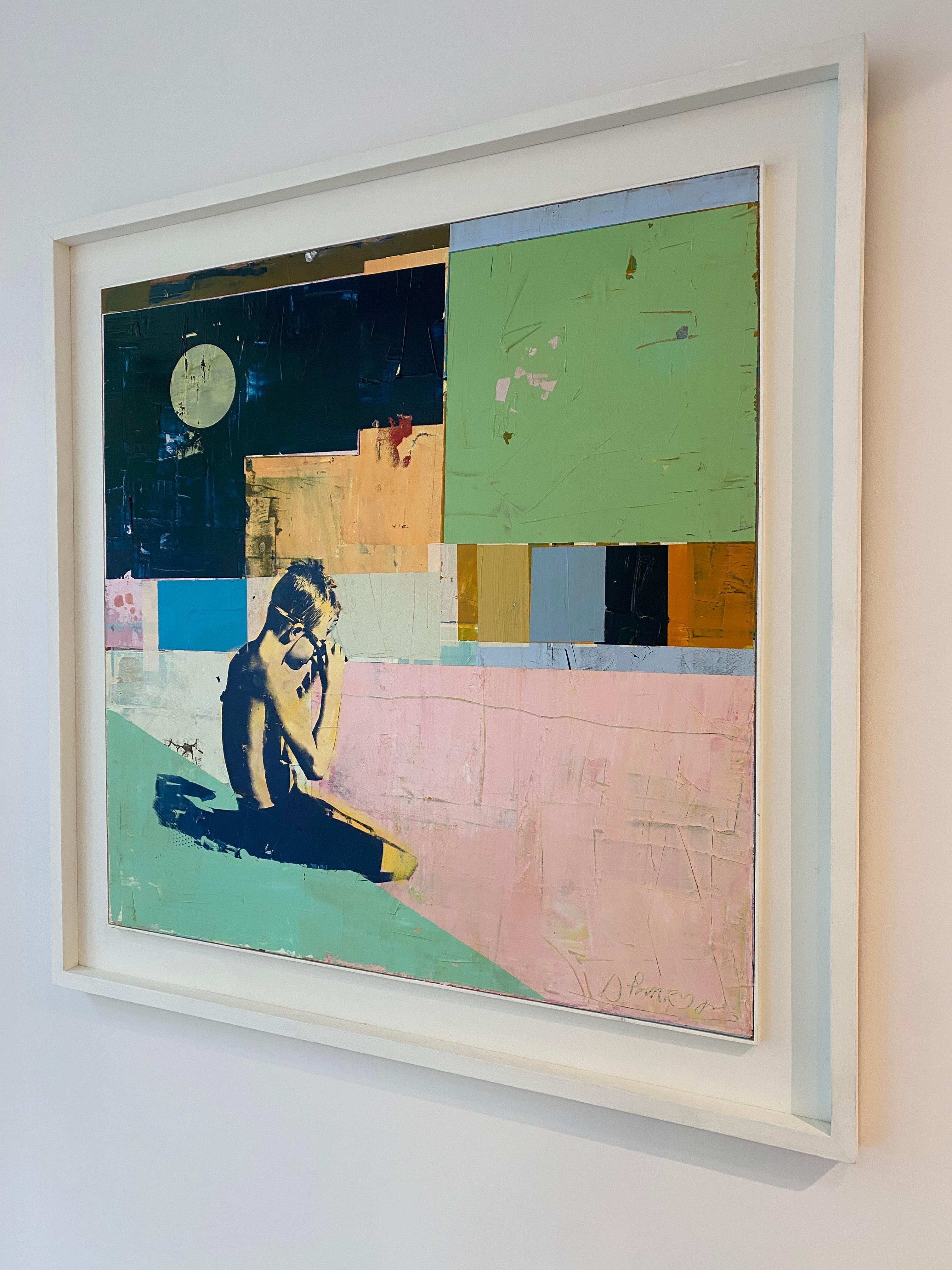 Night Swimmer with Goggles - Bright, textured painting with boy swimmer For Sale 12