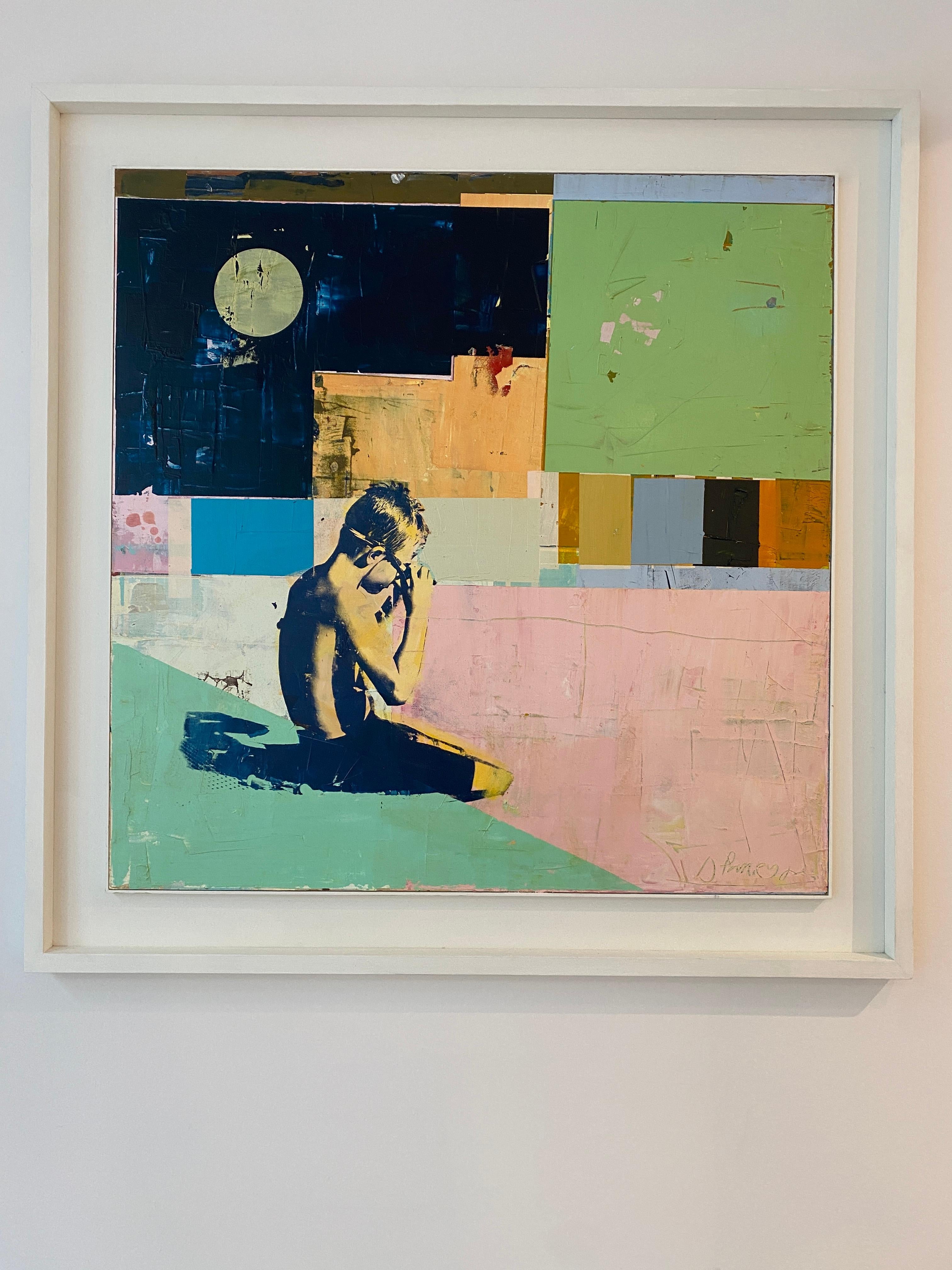 Night Swimmer with Goggles - Bright, textured painting with boy swimmer - Painting by Dan Parry-Jones