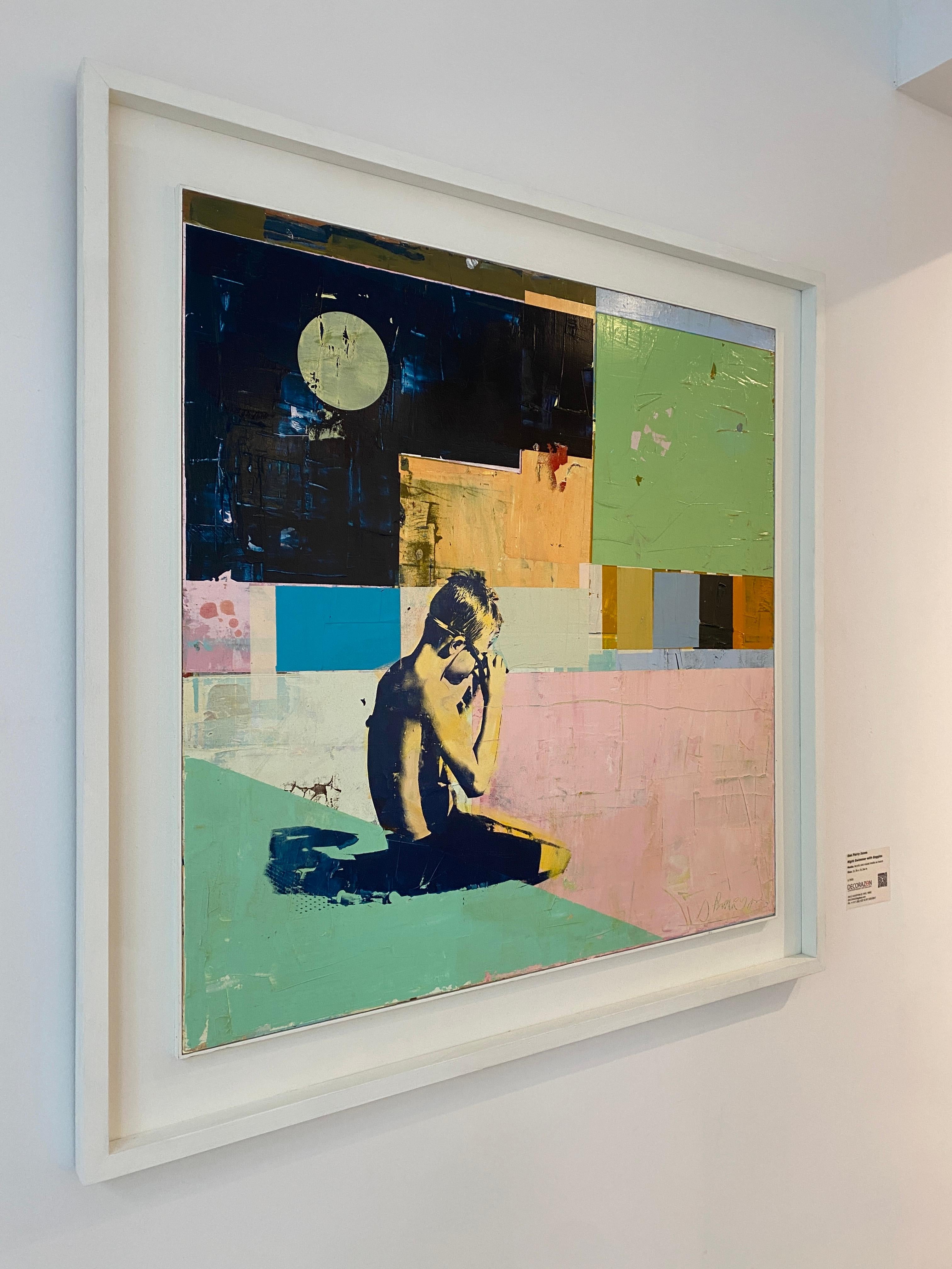 Night Swimmer with Goggles - Bright, textured painting with boy swimmer - Contemporary Painting by Dan Parry-Jones