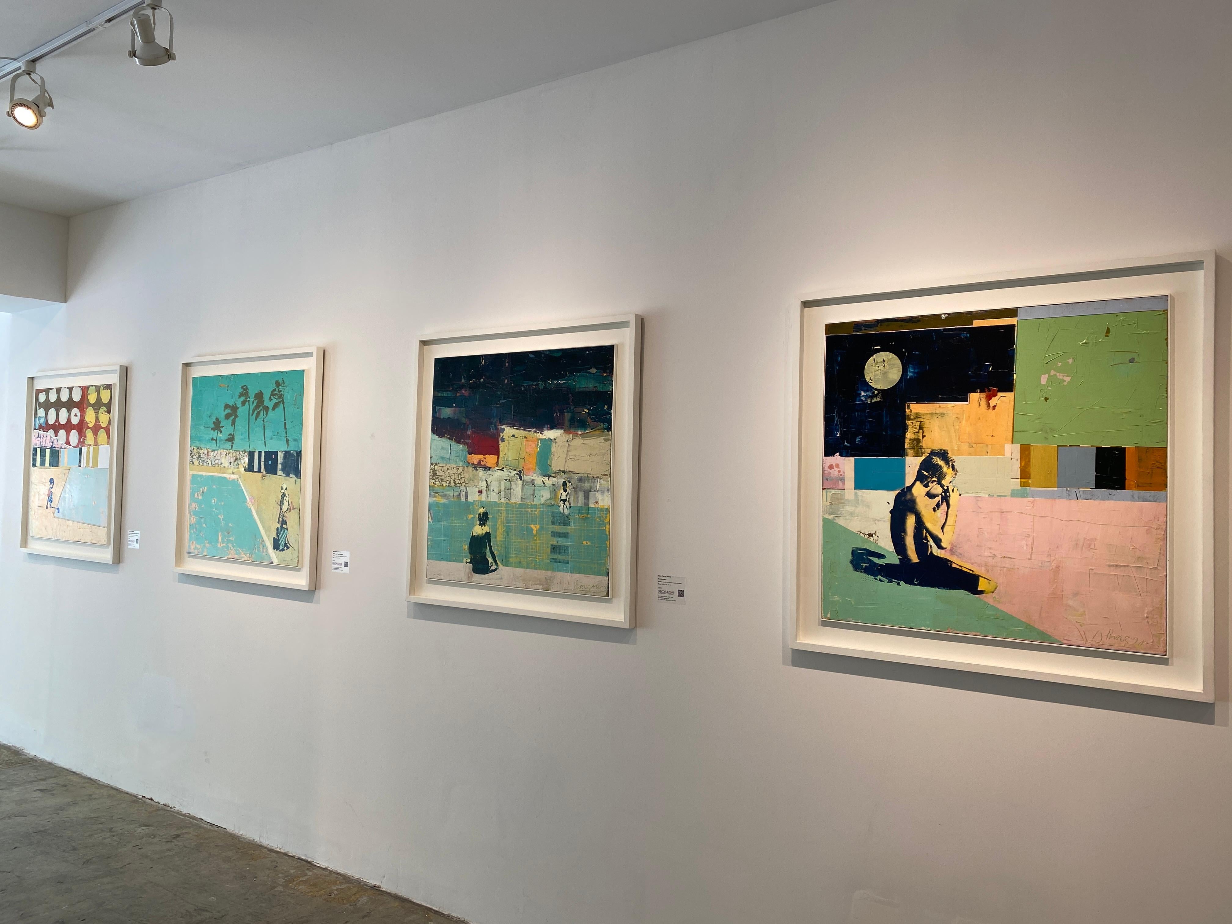 In Night Swimmer with Goggles, acclaimed British contemporary artist Dan Parry-Jones captures a fleeting, contemplative moment of childhood. A young boy, standing at the edge of a stylized pool, is caught mid-gesture as he adjusts his