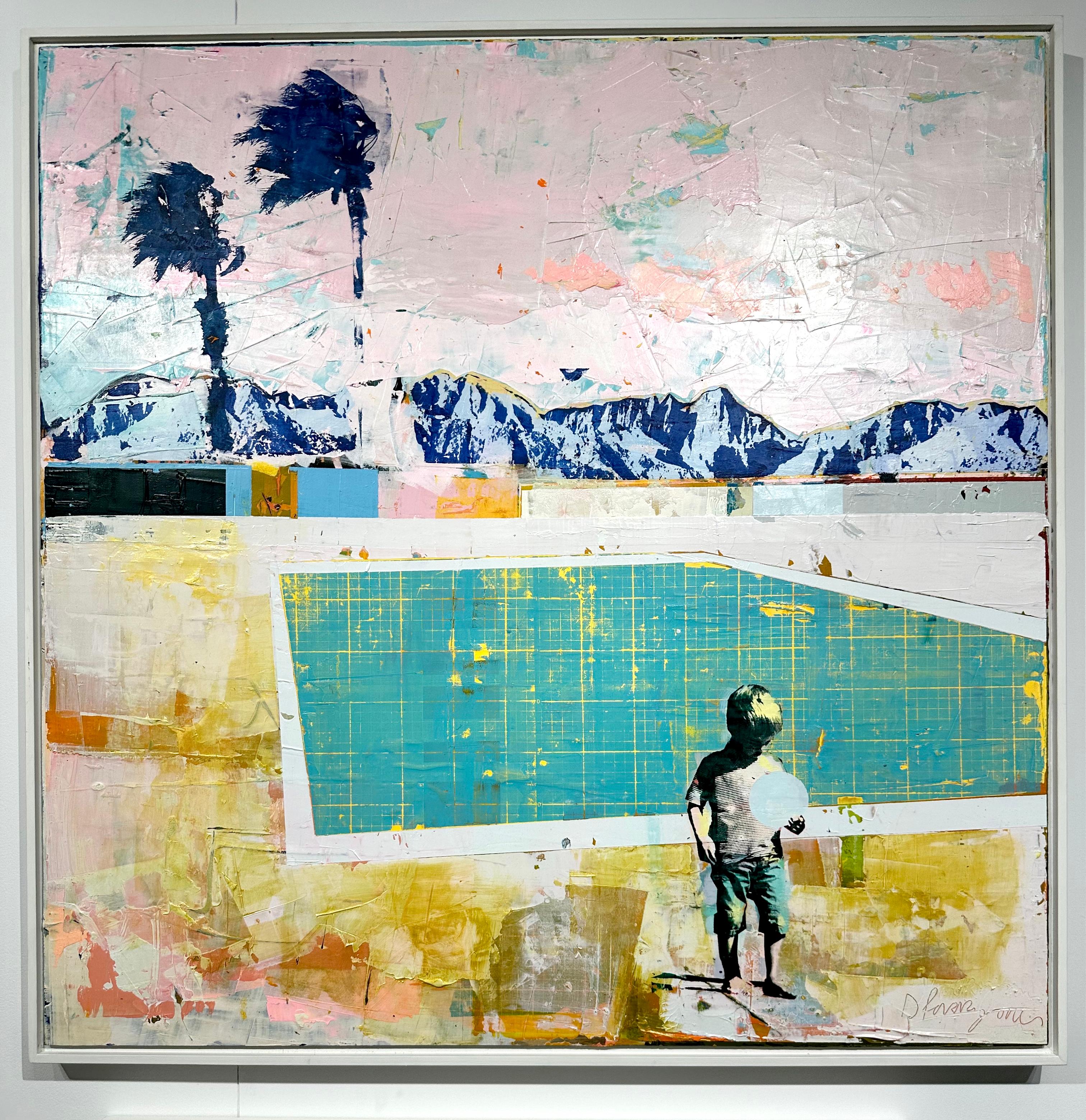 Piscina con gran palmera ventosa - Acrílico técnica mixta sobre tabla, marco flotante blanco - Painting de Dan Parry-Jones