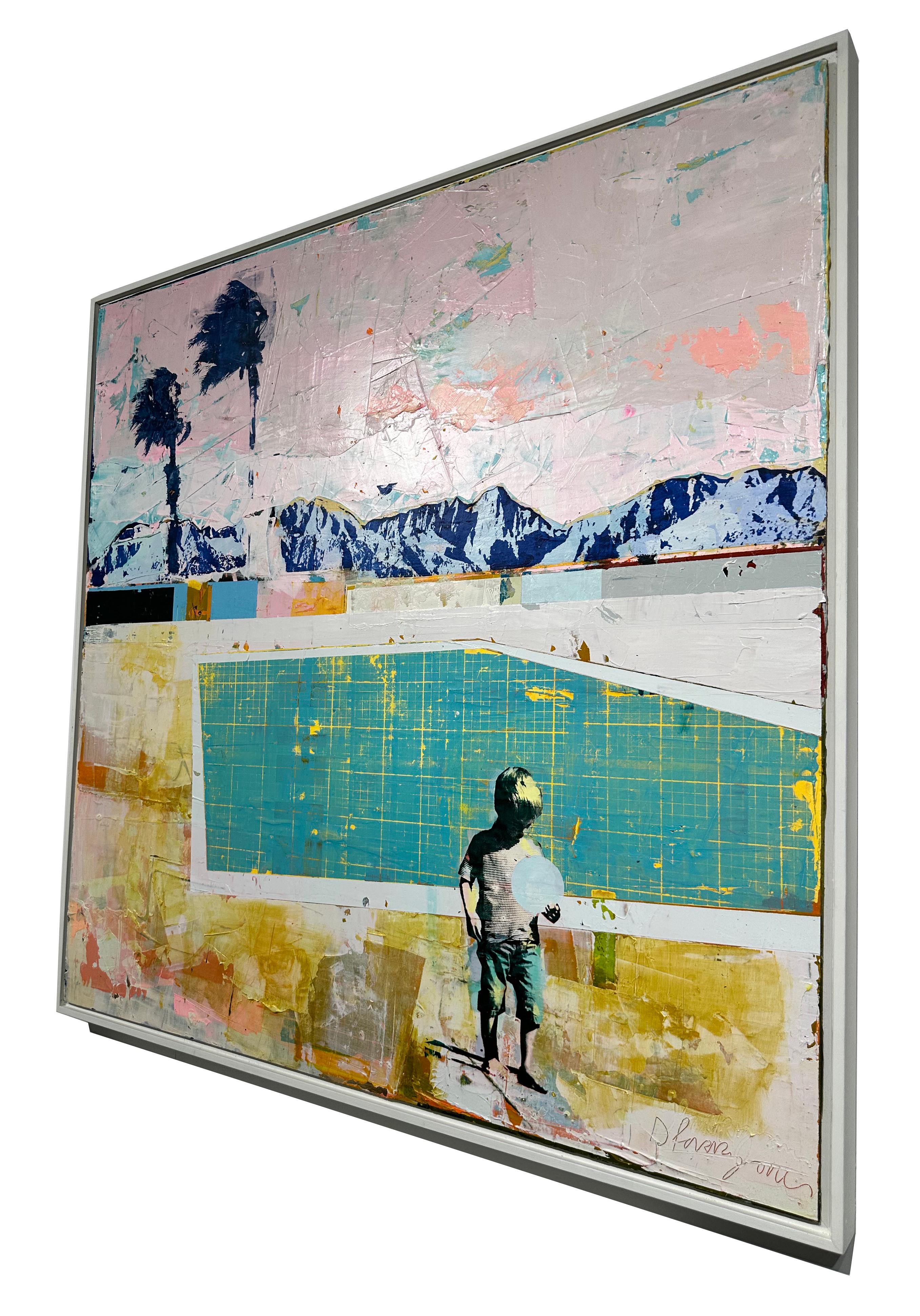 Piscina con gran palmera ventosa - Acrílico técnica mixta sobre tabla, marco flotante blanco - Painting Contemporáneo de Dan Parry-Jones