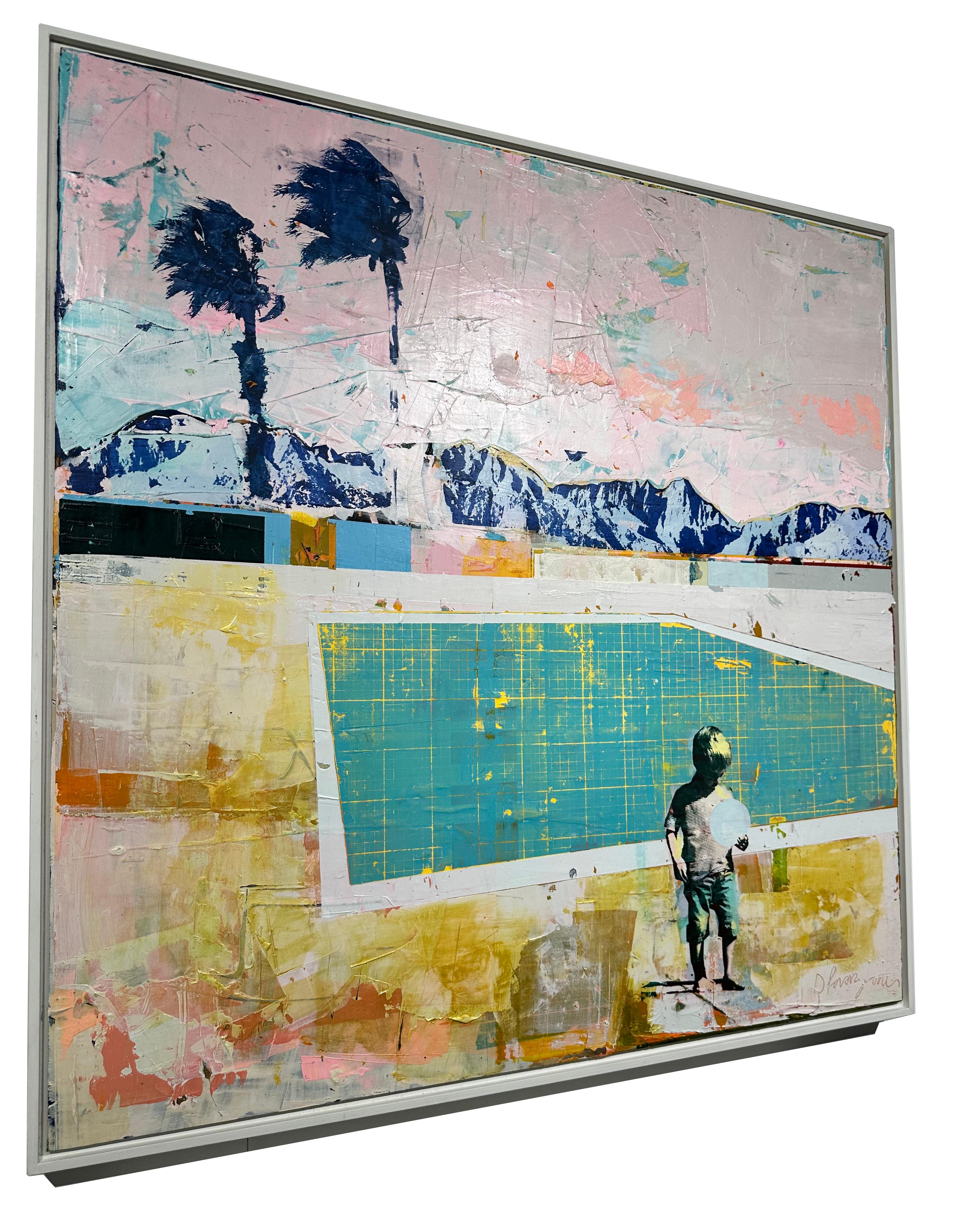 Piscina con gran palmera ventosa - Acrílico técnica mixta sobre tabla, marco flotante blanco - Abstract Painting Gris de Dan Parry-Jones