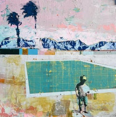 Piscina con gran palmera ventosa - Acrílico técnica mixta sobre tabla, marco flotante blanco