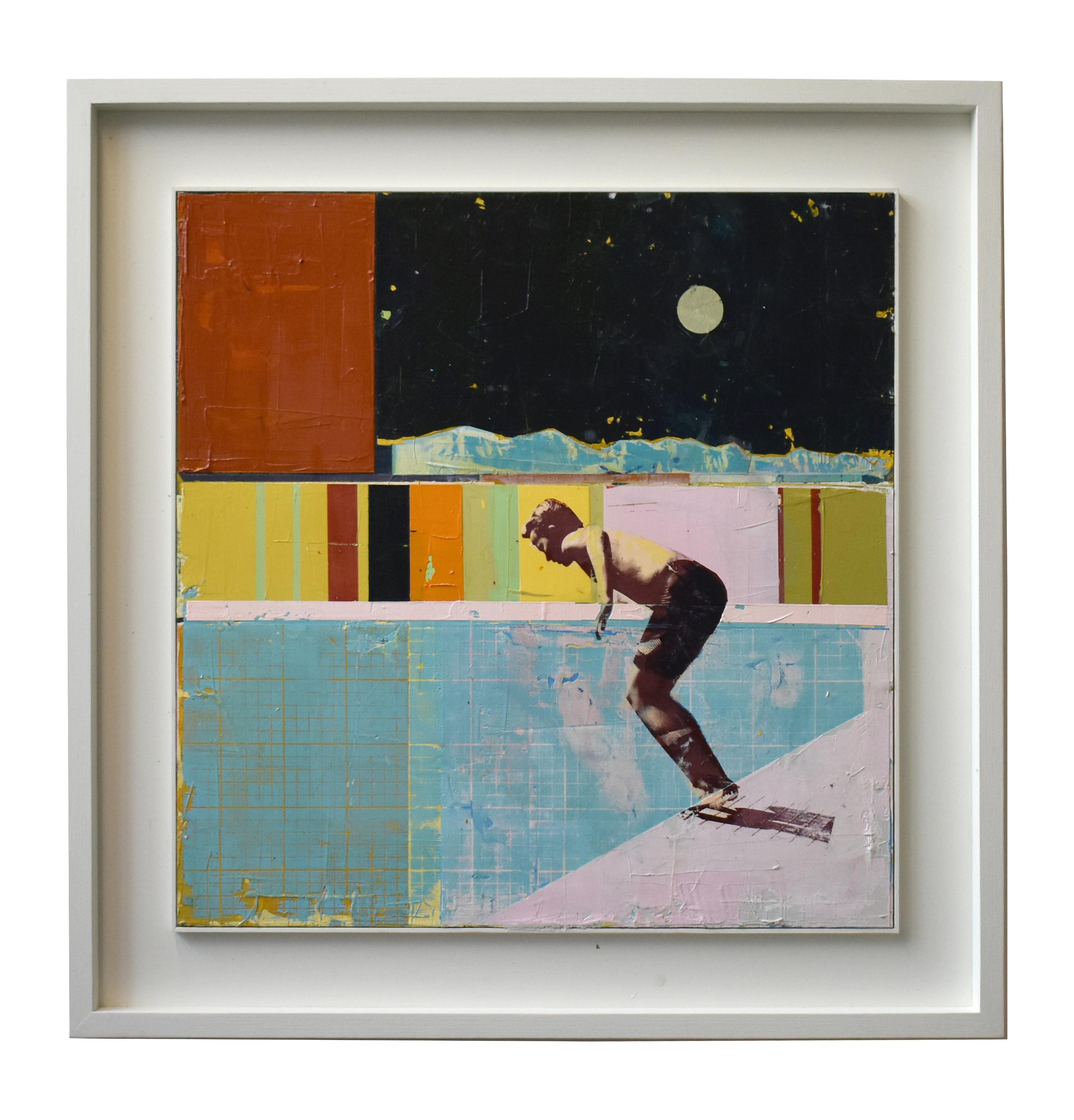 „Skater with Night Sky“ Acryl und Mischtechnik auf Karton, weißer, schwebender Rahmen  – Painting von Dan Parry-Jones