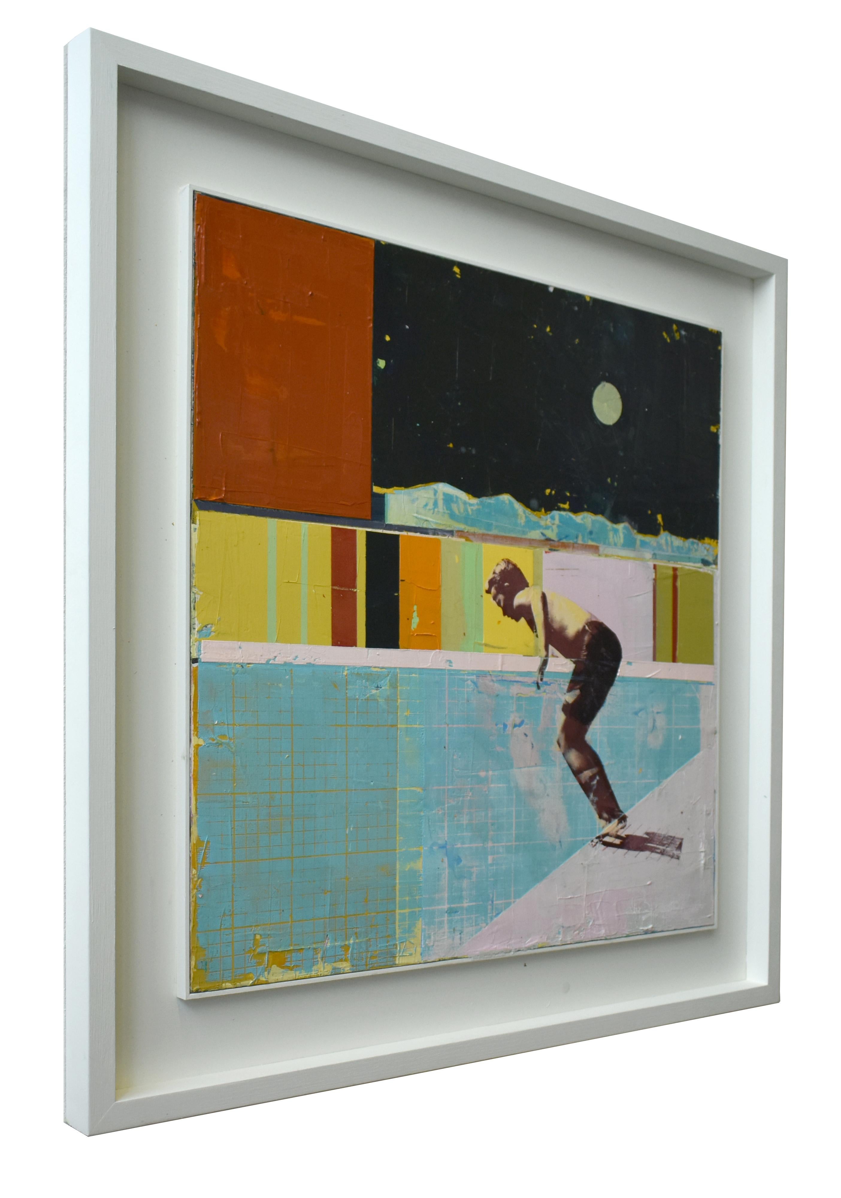 „Skater with Night Sky“ Acryl und Mischtechnik auf Karton, weißer, schwebender Rahmen  (Zeitgenössisch), Painting, von Dan Parry-Jones