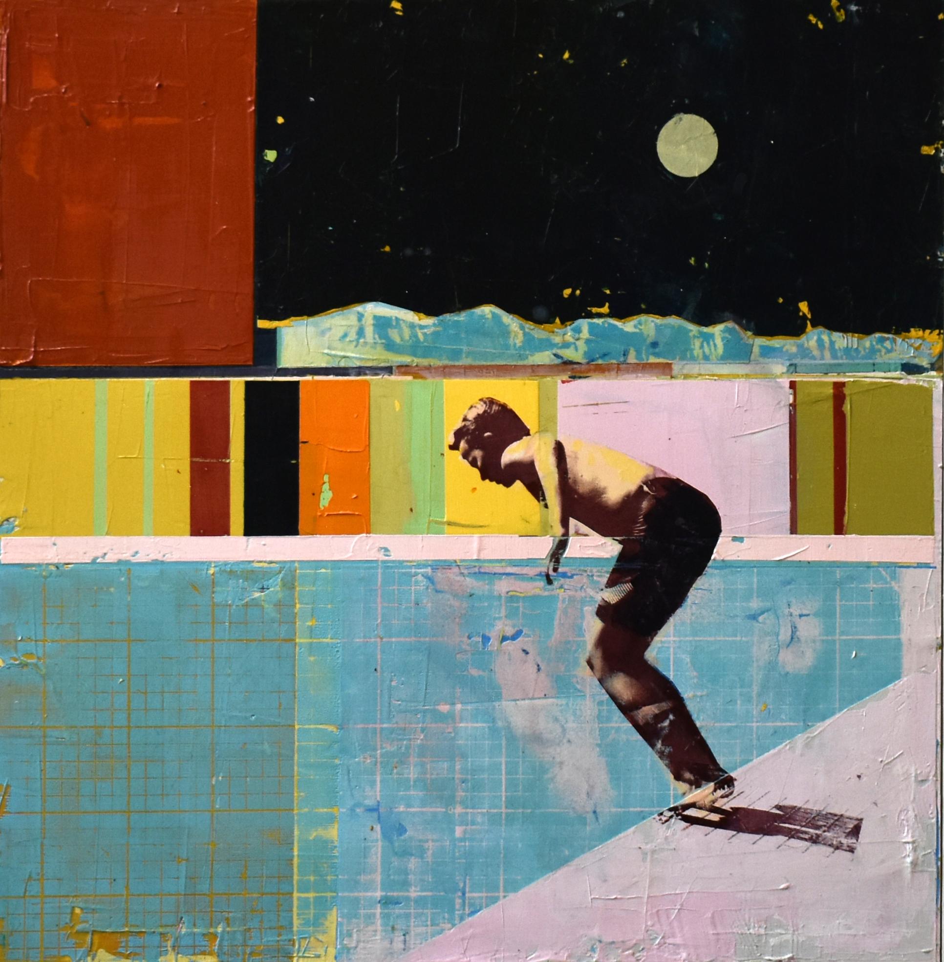 Dan Parry-Jones Figurative Painting - "Skater with Night Sky" Acrylic and mixed media on board, white float frame 