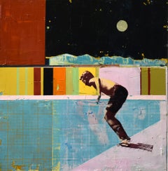 "Skater with Night Sky" Acrylic and mixed media on board, white float frame 