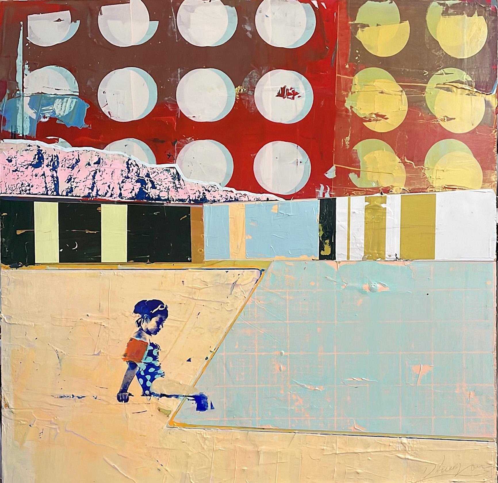 Dan Parry-Jones Abstract Painting - Swimmer with Orange Armbands - Bright, textured painting with girl and circles