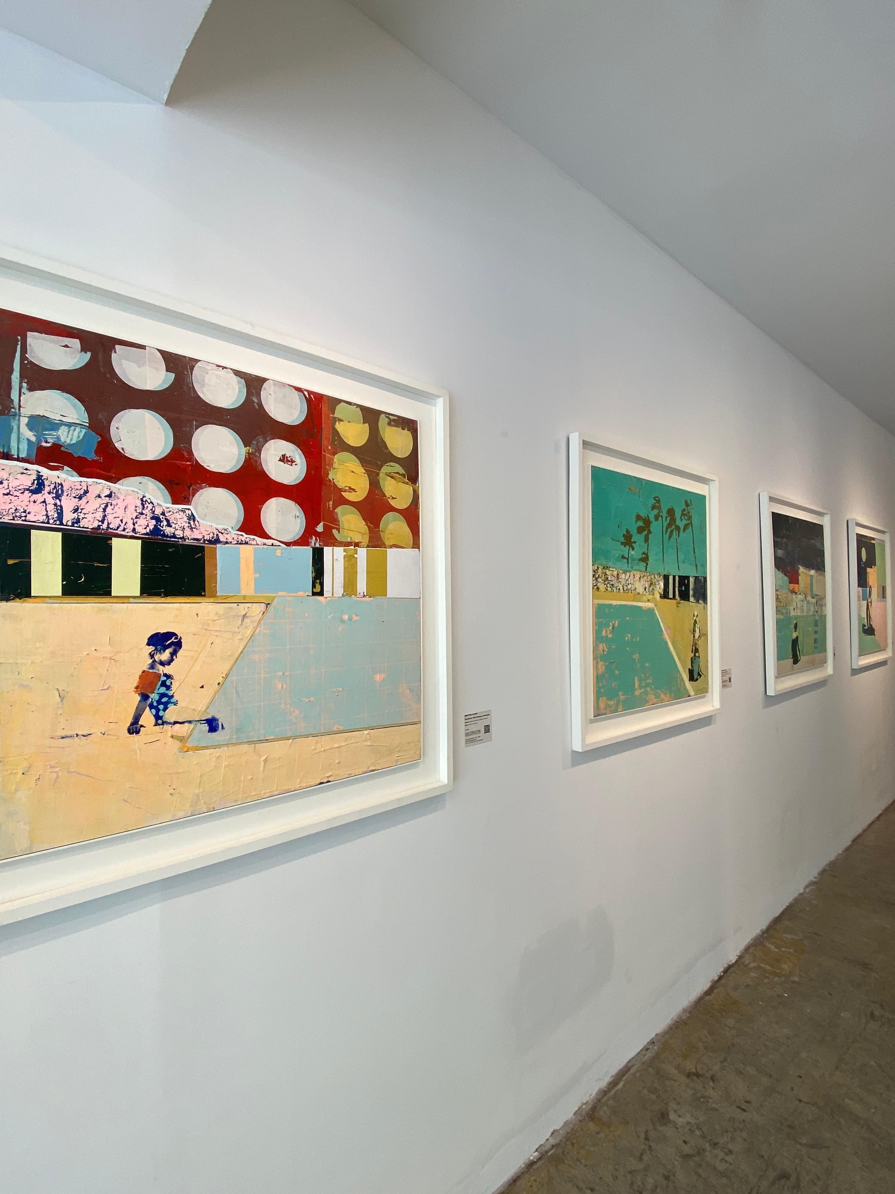 Swimmer with Orange Armbands - Bright, textured painting with girl and circles - Painting by Dan Parry-Jones