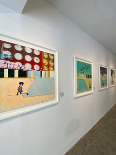 Swimmer with Orange Armbands - Bright, textured painting with girl and circles