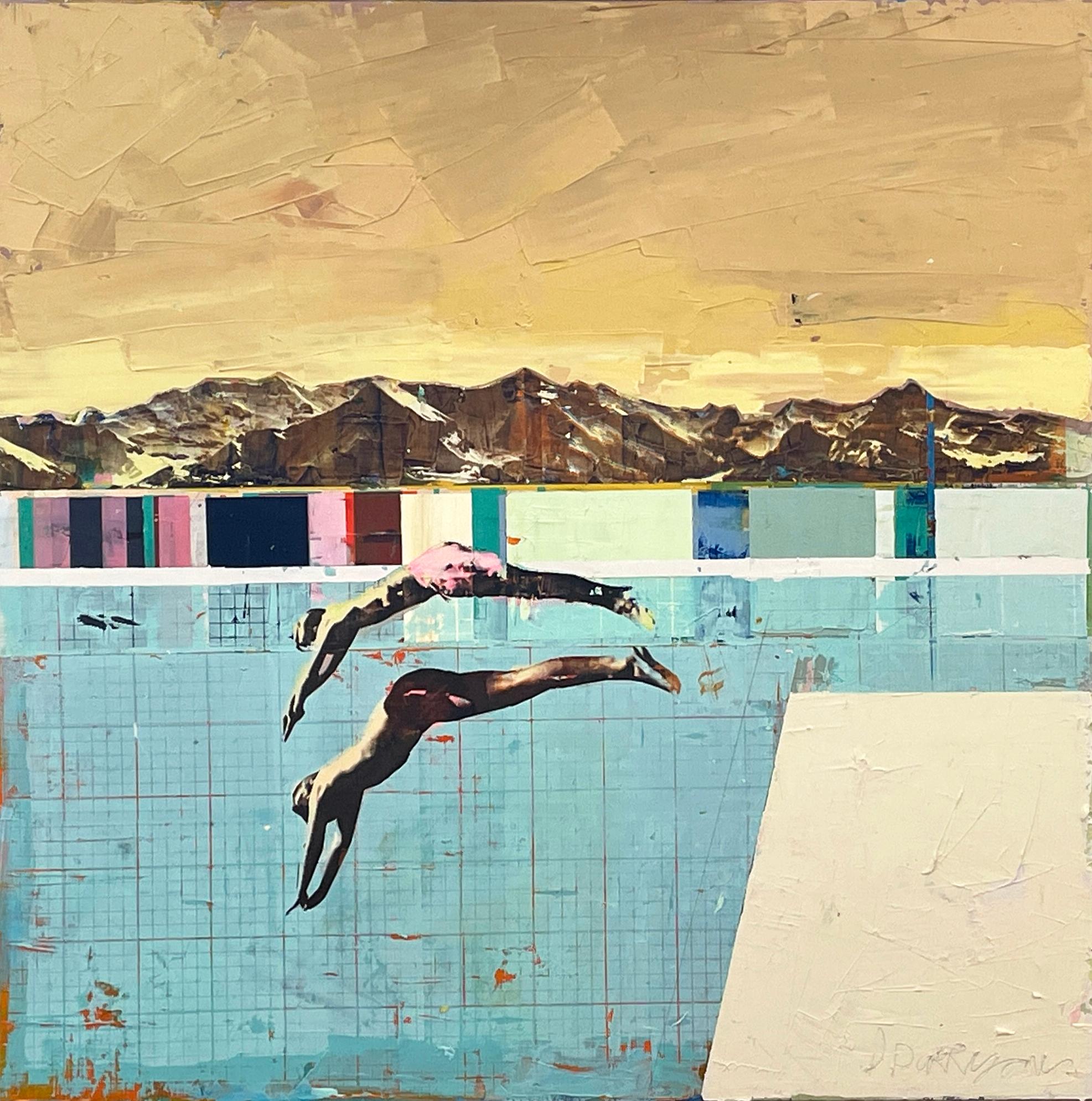 Abstract Painting di Dan Parry-Jones - "Due sommozzatori, cielo coperto" Acrilico e tecnica mista su tavola, cornice bianca galleggiante