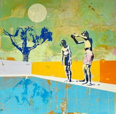 Two Divers with Blue Tree - Acrylic and mixed media painting of two swimmers