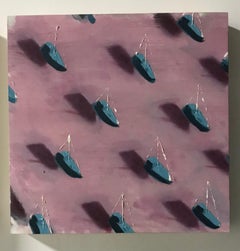 Blue Boats on Pink (sailing teal sailboat art sea patterns square oil painting)