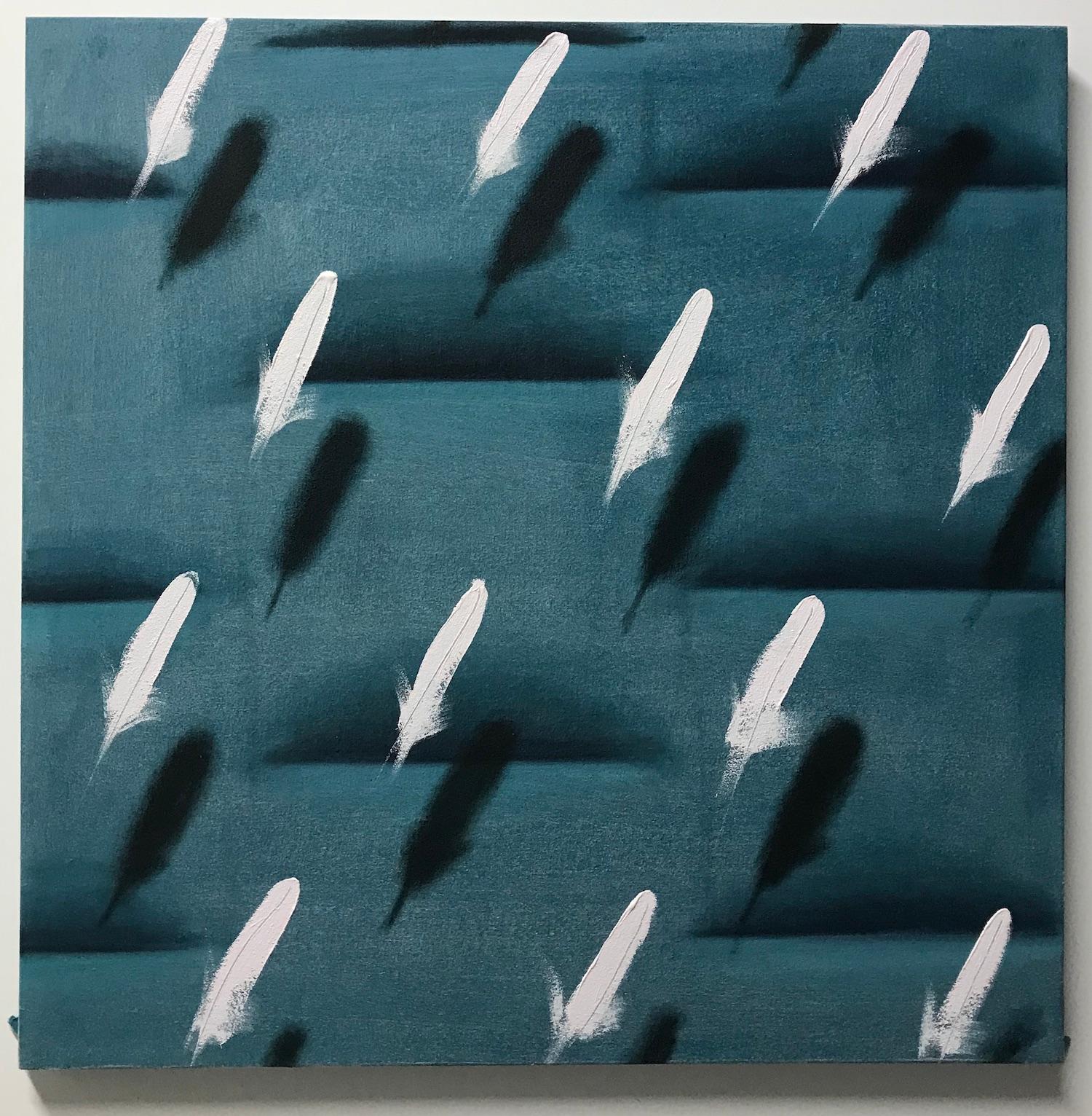 Dan Pelonis Abstract Painting – Federn auf grünem Relief (Muster in Tealgrün aus quadratischem Leinwand mit Pop-Motiv für Federn