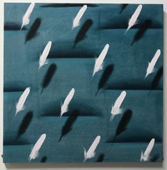 Feathers on Green Relief (patterns teal green square canvas pop repetition motif