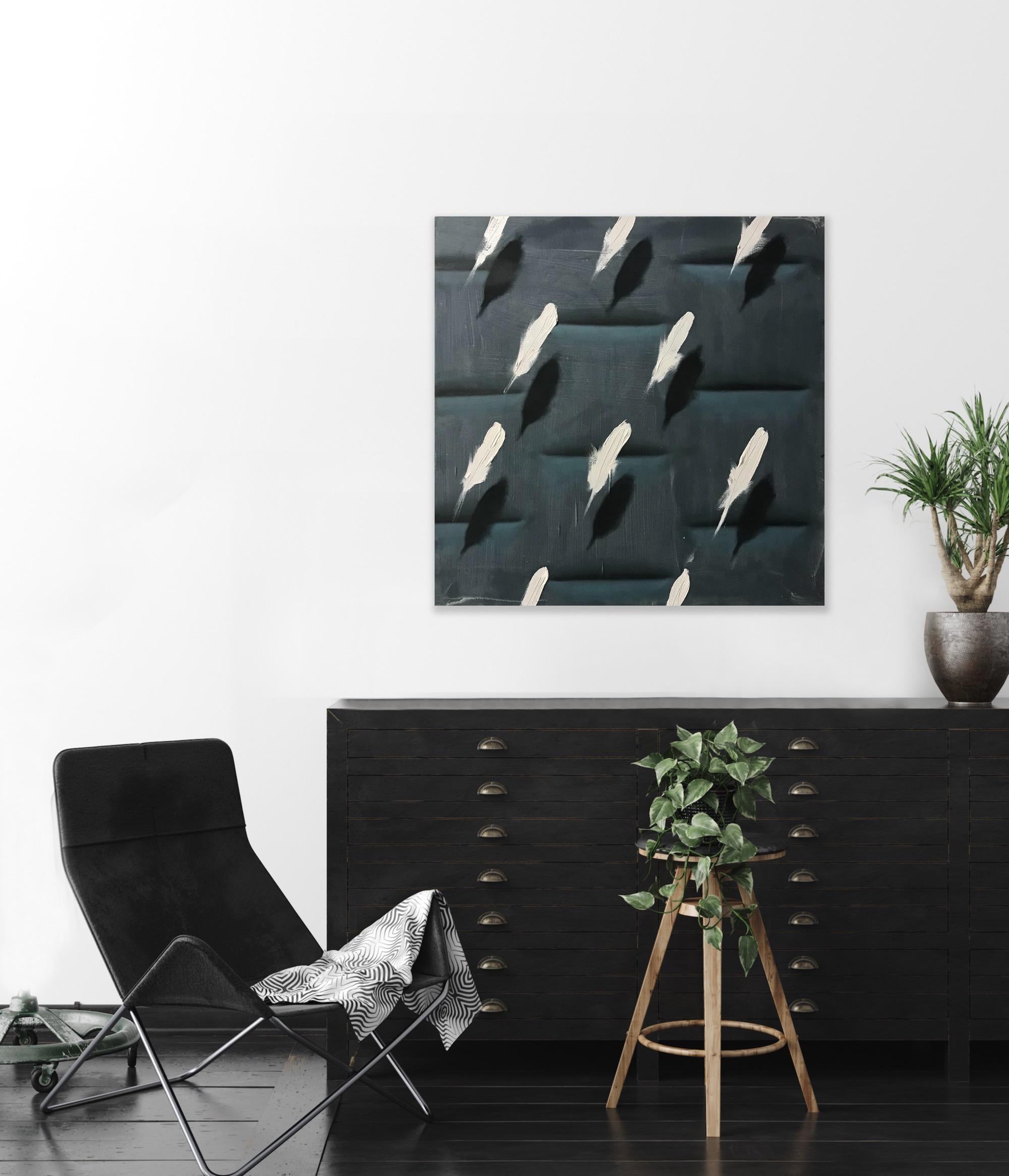 Feathers on Grey Relief II (white bird feathers charcoal grey patterns square) 2