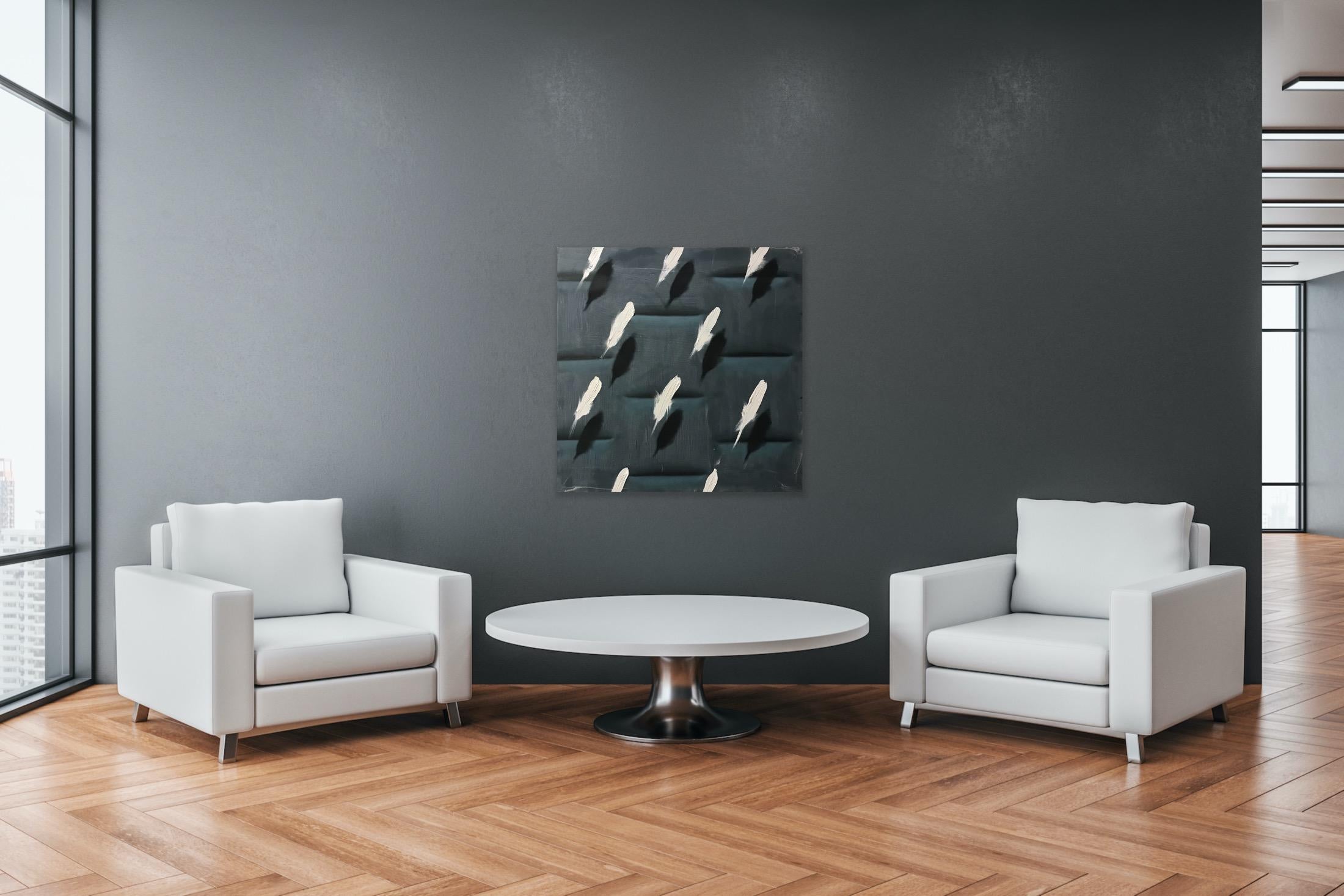 Feathers on Grey Relief II (white bird feathers charcoal grey patterns square) - Black Abstract Painting by Dan Pelonis