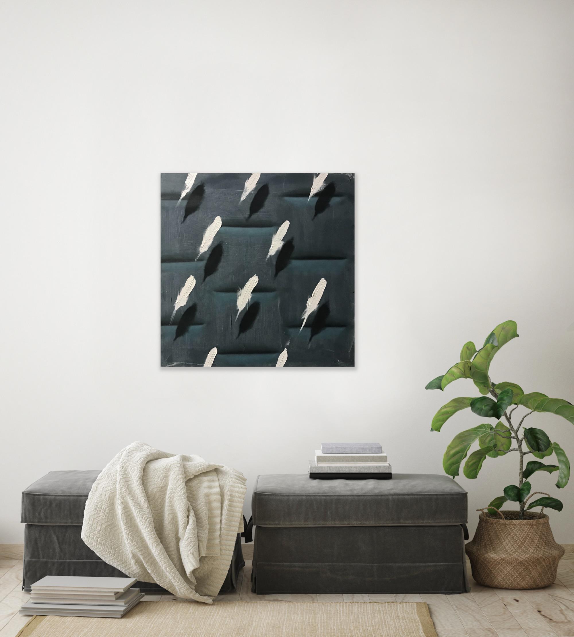Feathers on Grey Relief II (white bird feathers charcoal grey patterns square) 1