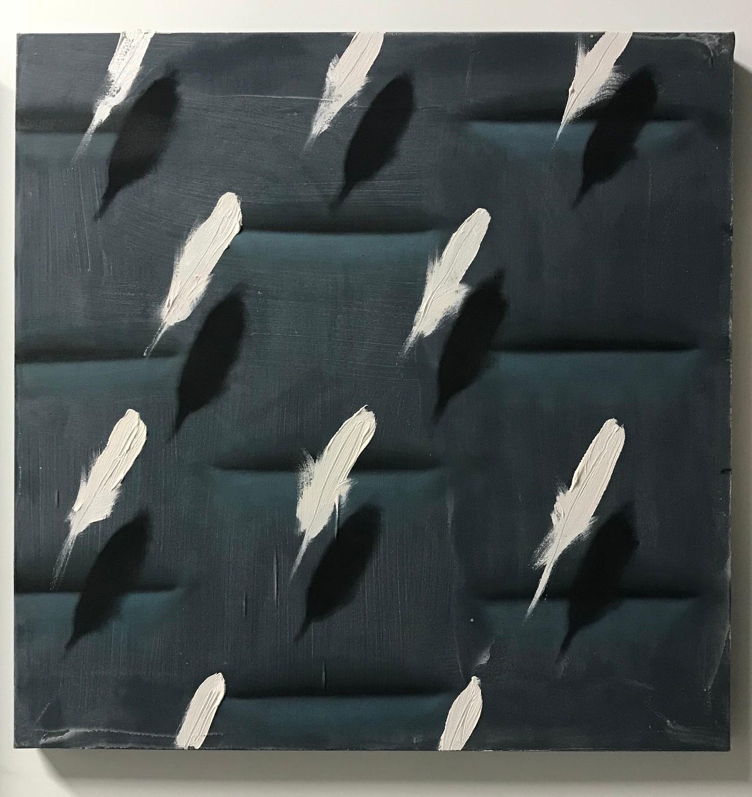 Feathers on Grey Relief (white bird feathers charcoal grey patterns square oil)