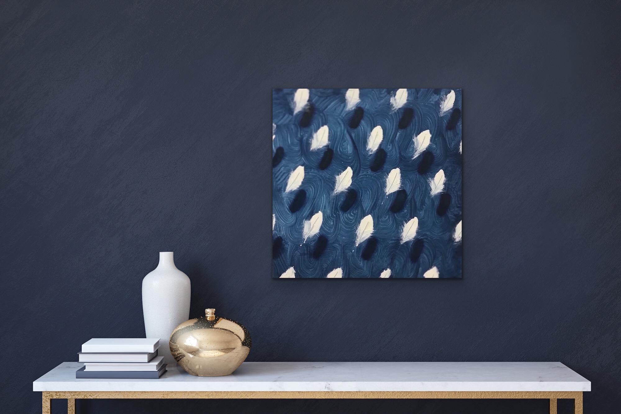 Feathers on blue waves  (white feathers small square oil painting patterns pop) - Painting by Dan Pelonis