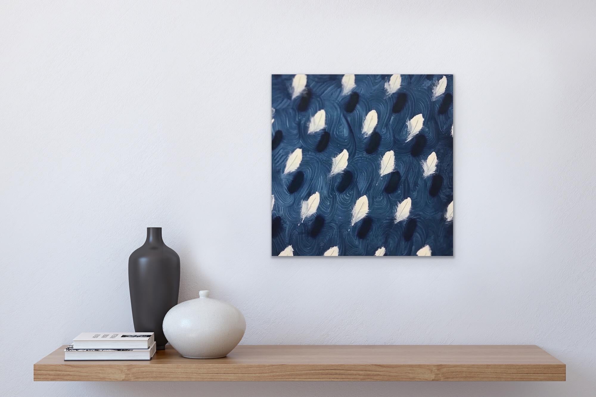 Feathers on blue waves  (white feathers small square oil painting patterns pop) - Pop Art Painting by Dan Pelonis