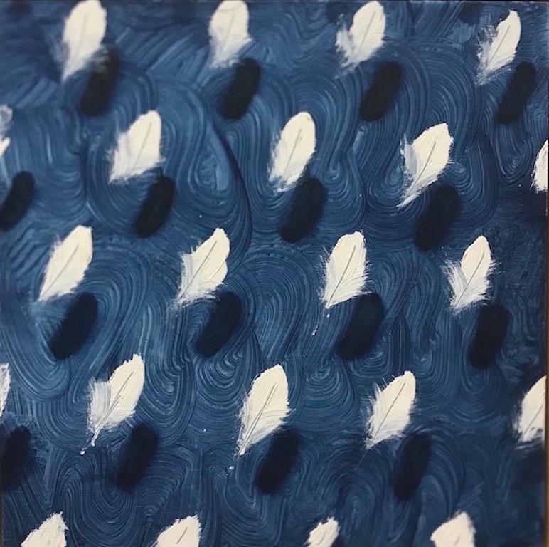 Feathers on blue waves  (white feathers small square oil painting patterns pop)