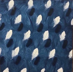 Feathers on blue waves  (white feathers small square oil painting patterns pop)