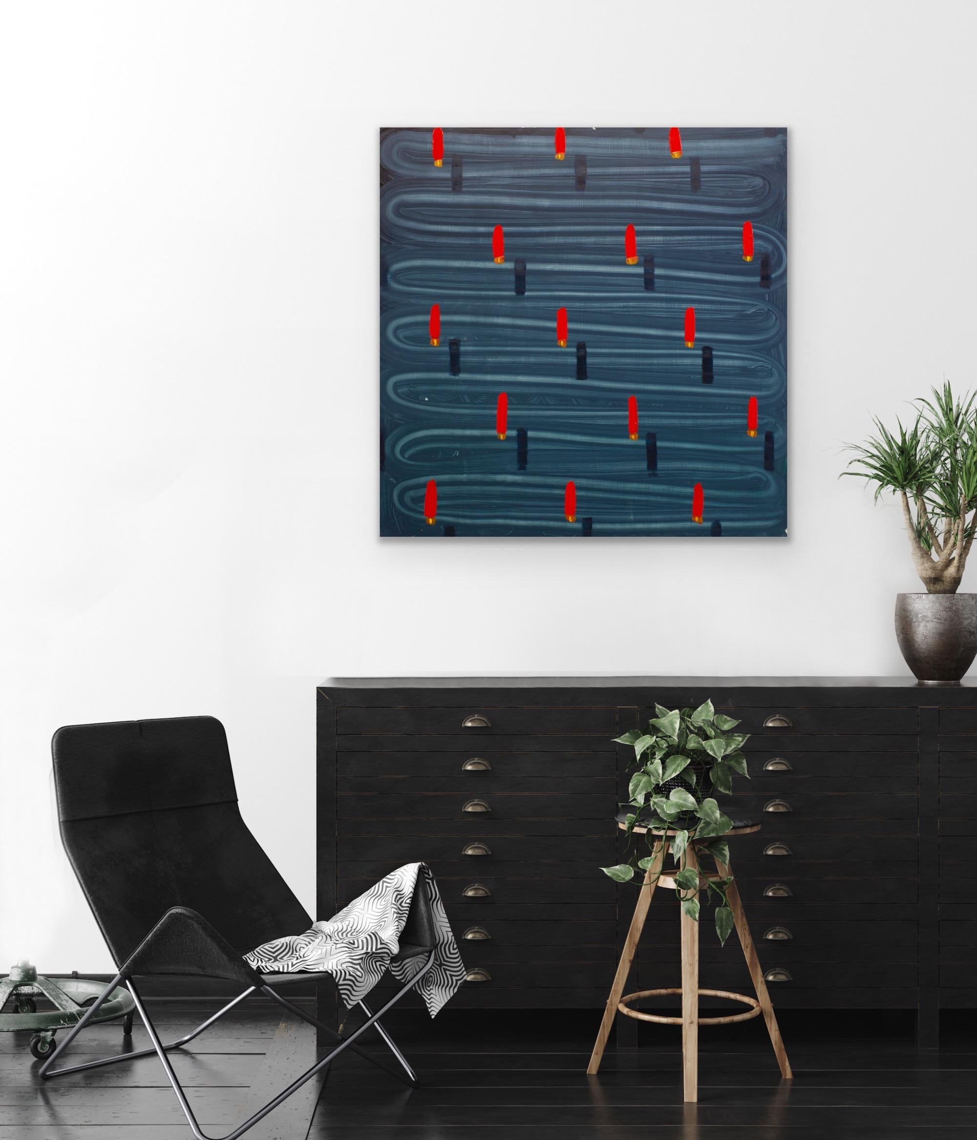 Cartuchos de escopeta sobre garabatos azules - Painting de Dan Pelonis